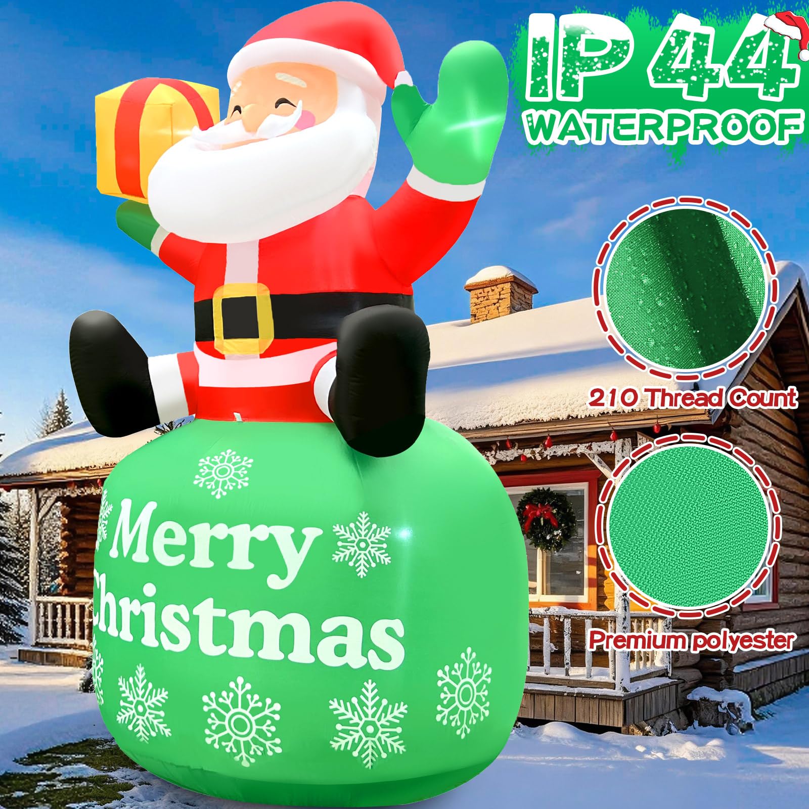 GIGLIM 8FT Inflatable Santa Claus Outdoor Decoration with 5 LEDs, Green & Red, Model CQ-SDLR-US-F, Includes Storage Bag