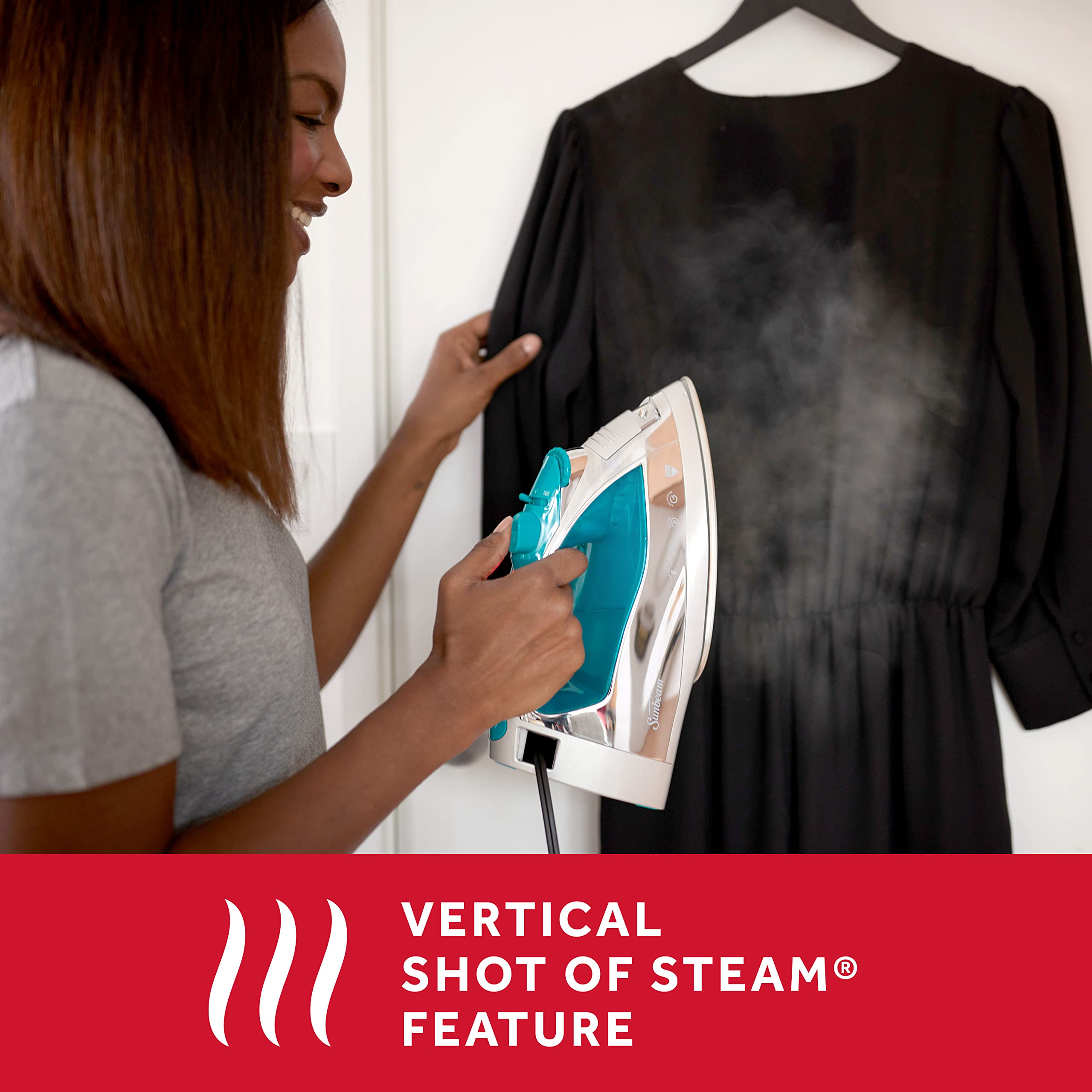 Sunbeam Steammaster 1400 Watt Iron With 8' Retractable Cord, Large Anti-Drip Nonstick Stainless Steel Soleplate, Horizontal Or V