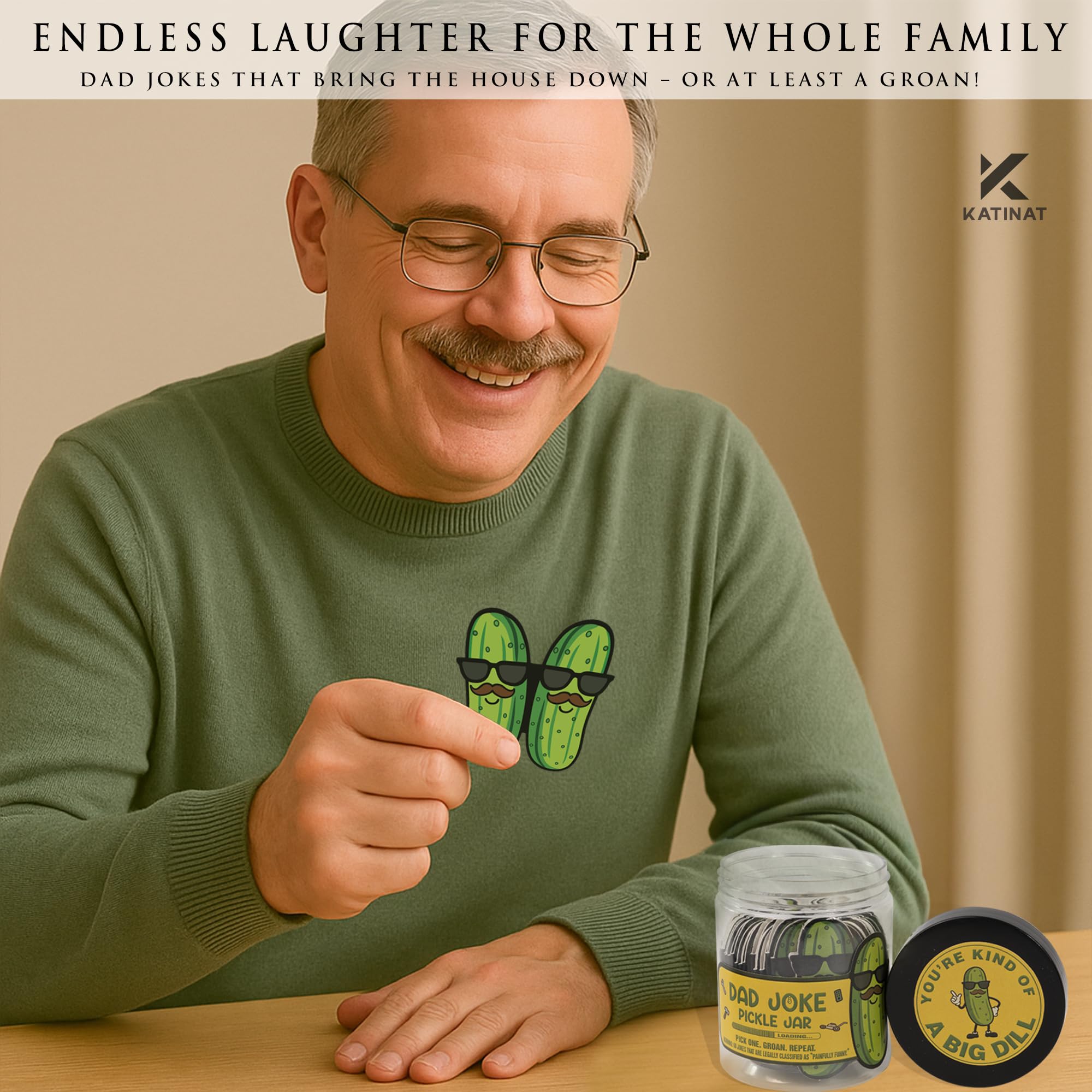 Pickle Dad Joke Jar - 60 Funny Dad Jokes Cards, Father Christmas Gifts, White Elephant Gifts for Adults, Funny Birthday Gift for