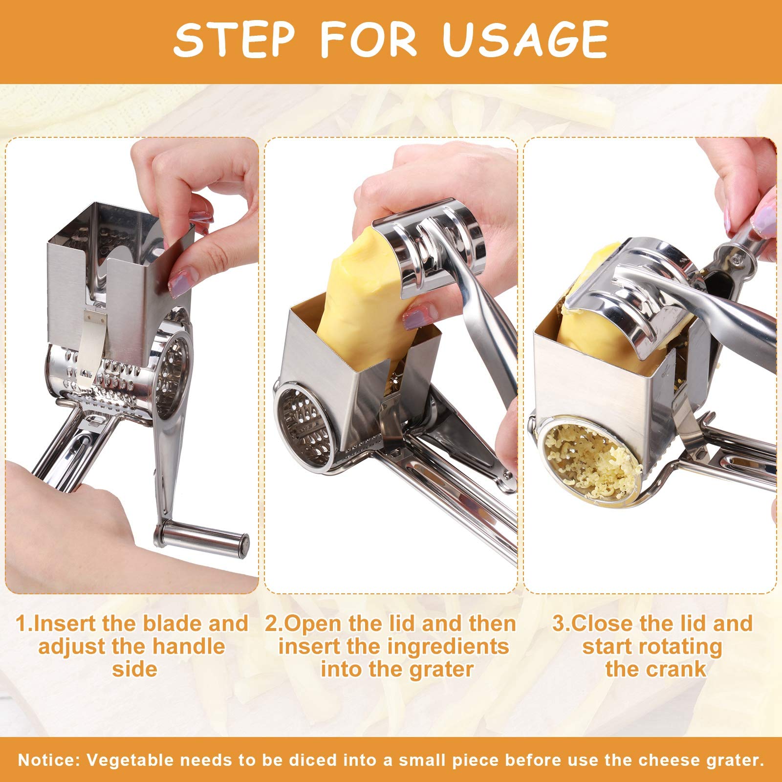 Honoson Stainless Steel Rotary Grater Handheld Rotary Grater Handheld Rotating Cheese Grater Cheese Cutter Slicer Shredder With