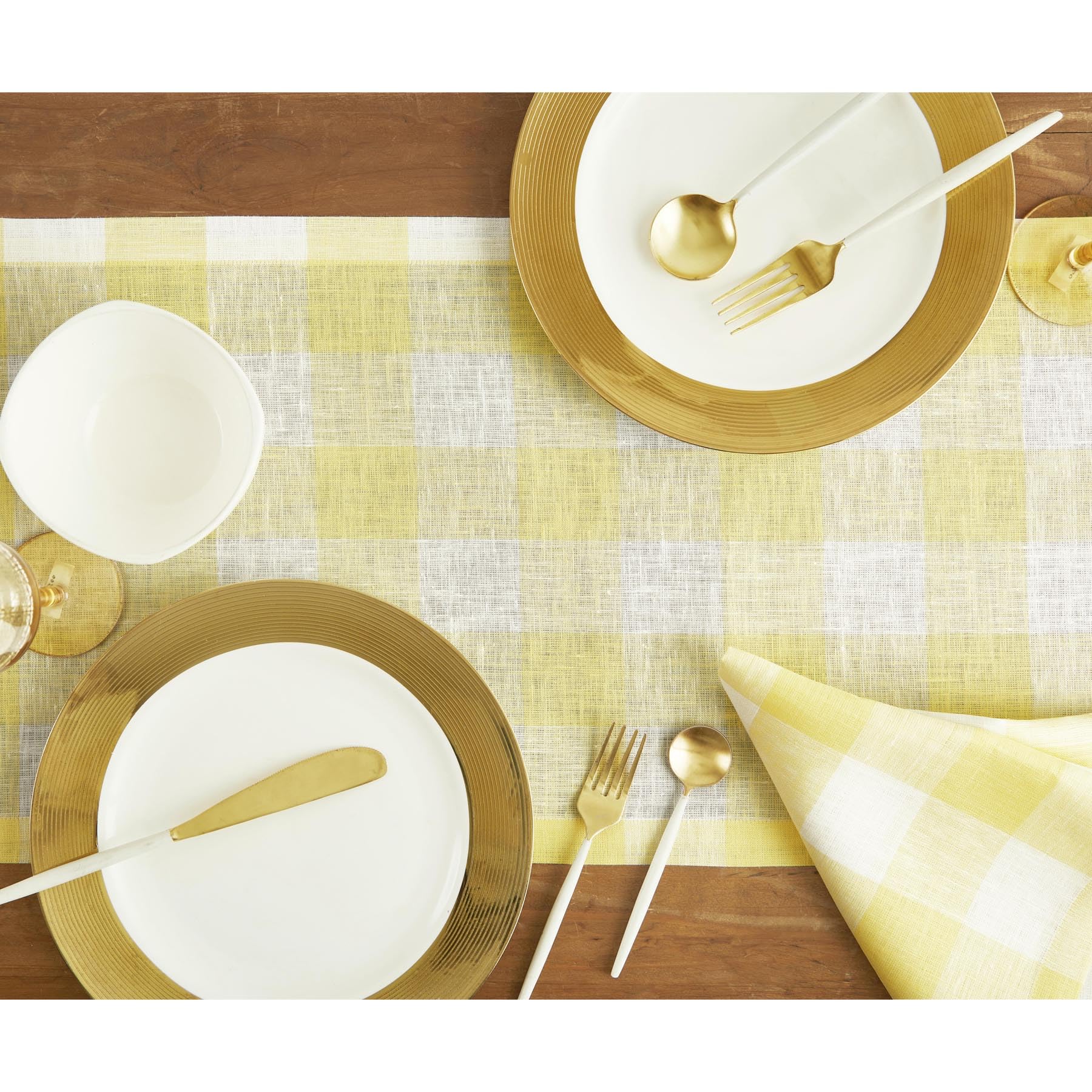Solino Home Buffalo Check Linen Table Runner 72 Inches Long - 100% Pure Linen Yellow And White Plaid Table Runner 14 X 72 Inch I