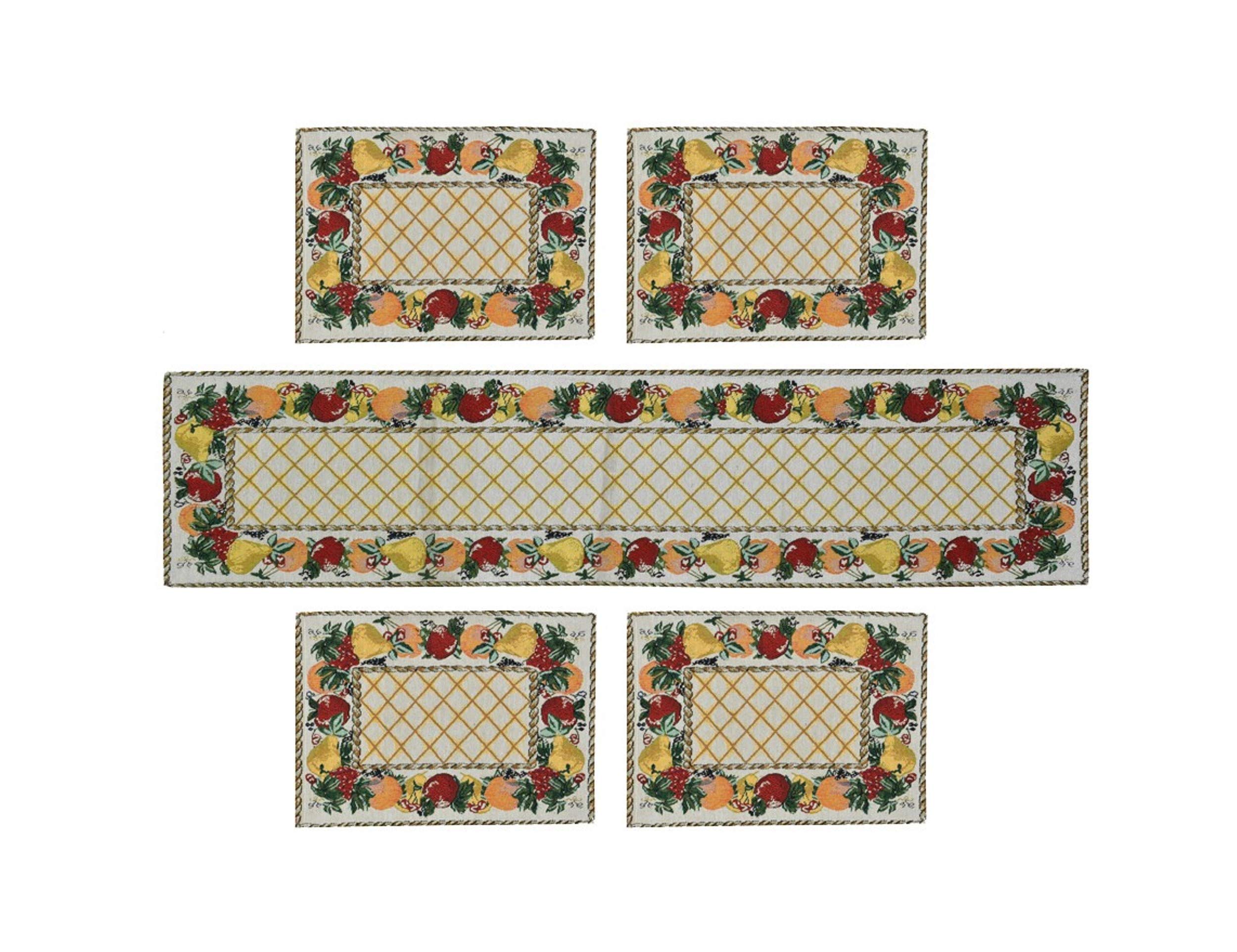 Galaxy Home Decor Washable Cotton Linen Jacquard Fabric Fruits Design Rectangular 4 Table Mats with Runner (Mat - 13x18 inches a