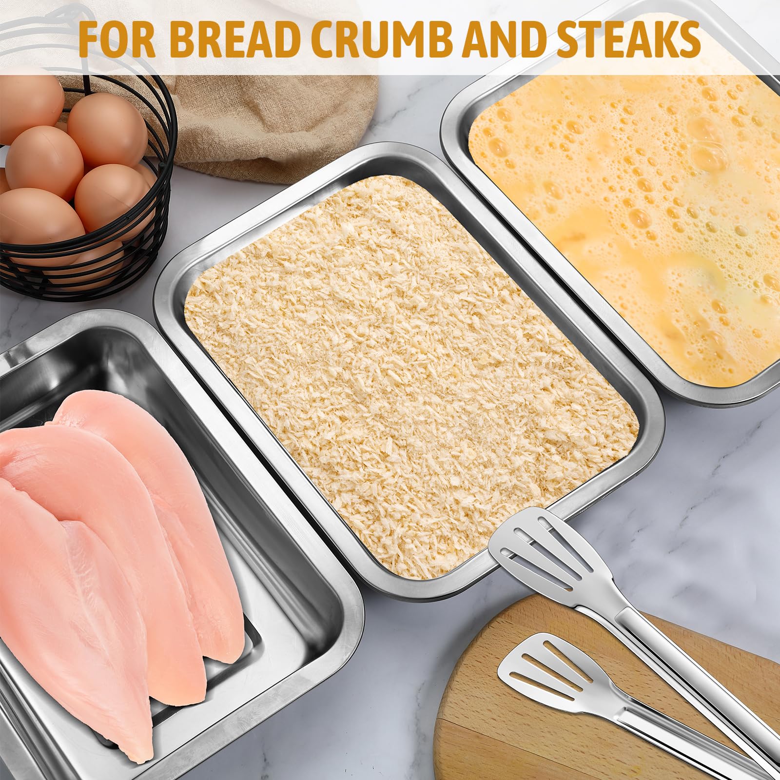 Breading Trays Set Of 3 Large 10.4 X 7.7 X 1.9 Inch Stainless Steel Breading Pans With Tong For Dredging Chicken Breasts And Mar