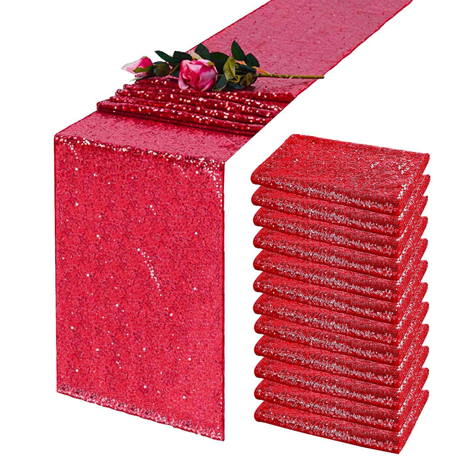 Tcbesto Red Sequin Table Runner 12'' X 72'' Pack Of 12 Red Metallic Sequins Table Runner Glitter Red Party Decorations Baby Show