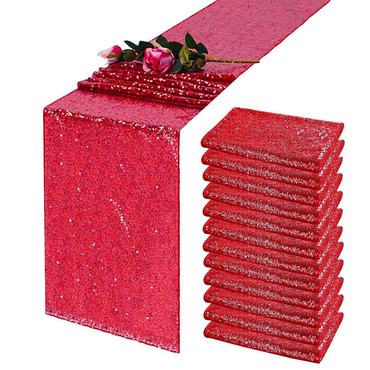 Tcbesto Red Sequin Table Runner 12'' X 72'' Pack Of 12 Red Metallic Sequins Table Runner Glitter Red Party Decorations Baby Show