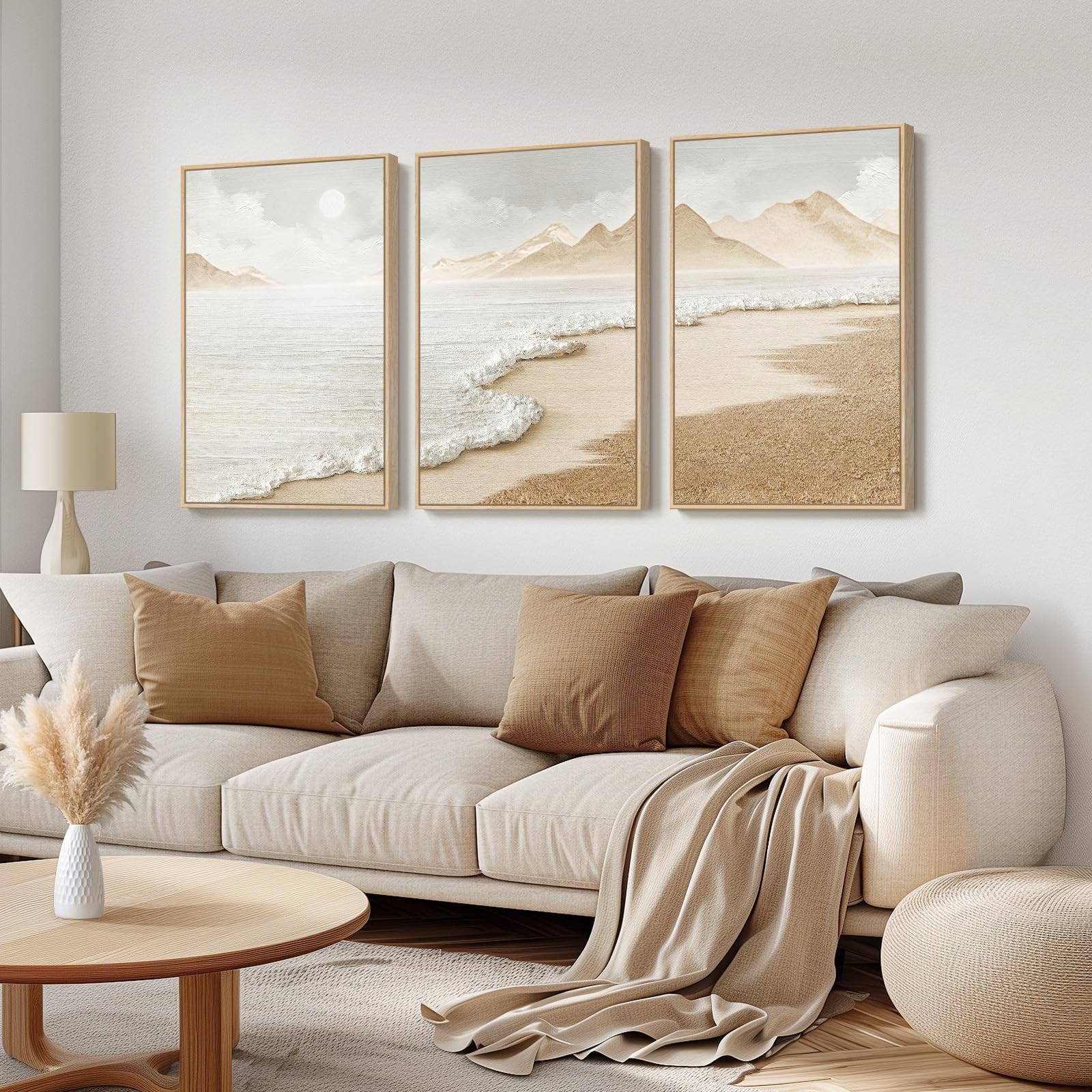Boho Abstract Beach Wall Art - Neutral Framed Canvas Artwork For Walls, Set Of 3 Coastal Prints Ocean Textured Paintings For Liv
