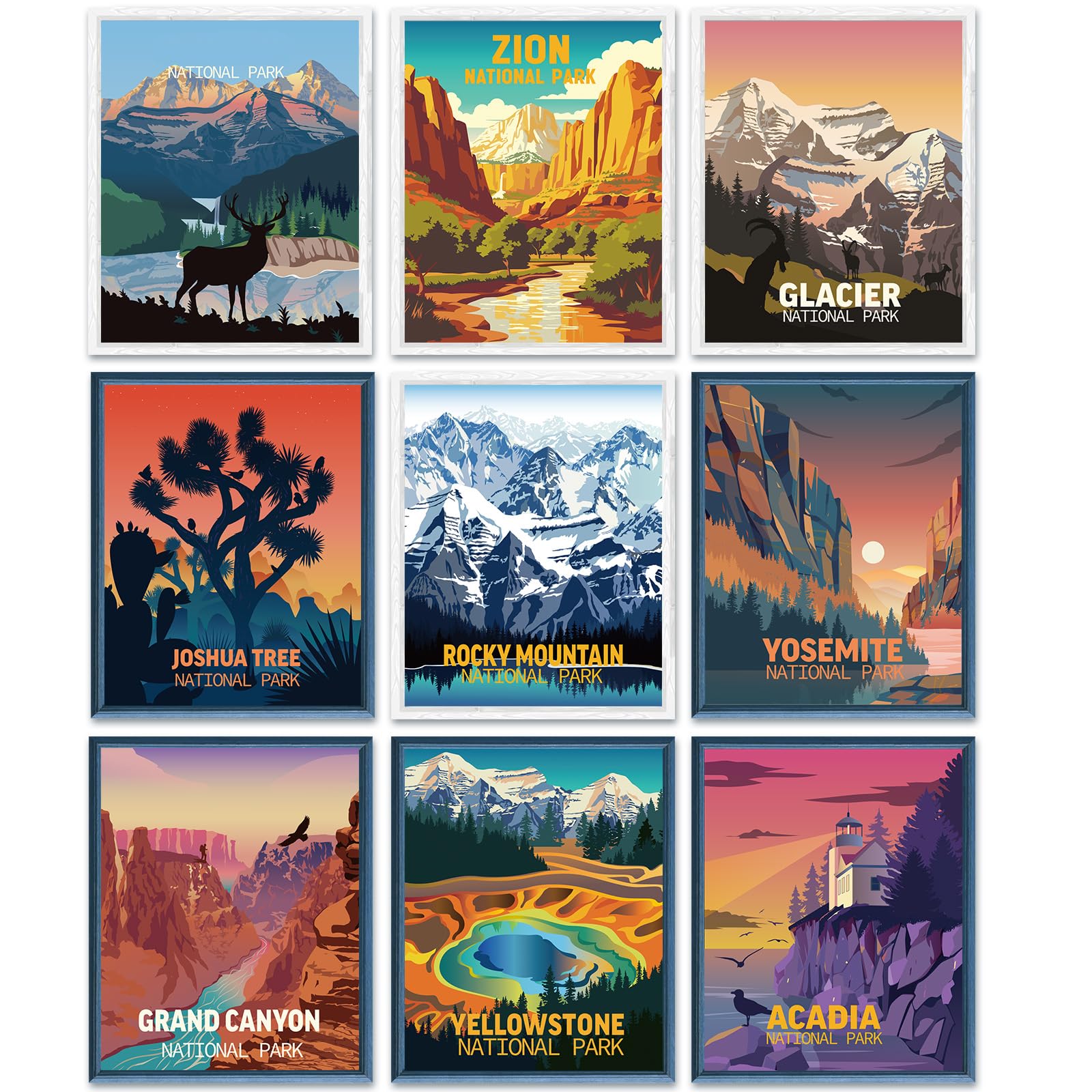 Outus 9 Pieces Vintage National Park Art Posters Prints Nature Art and Mountain Print Set Abstract Travel Unframed for Hikers Ca