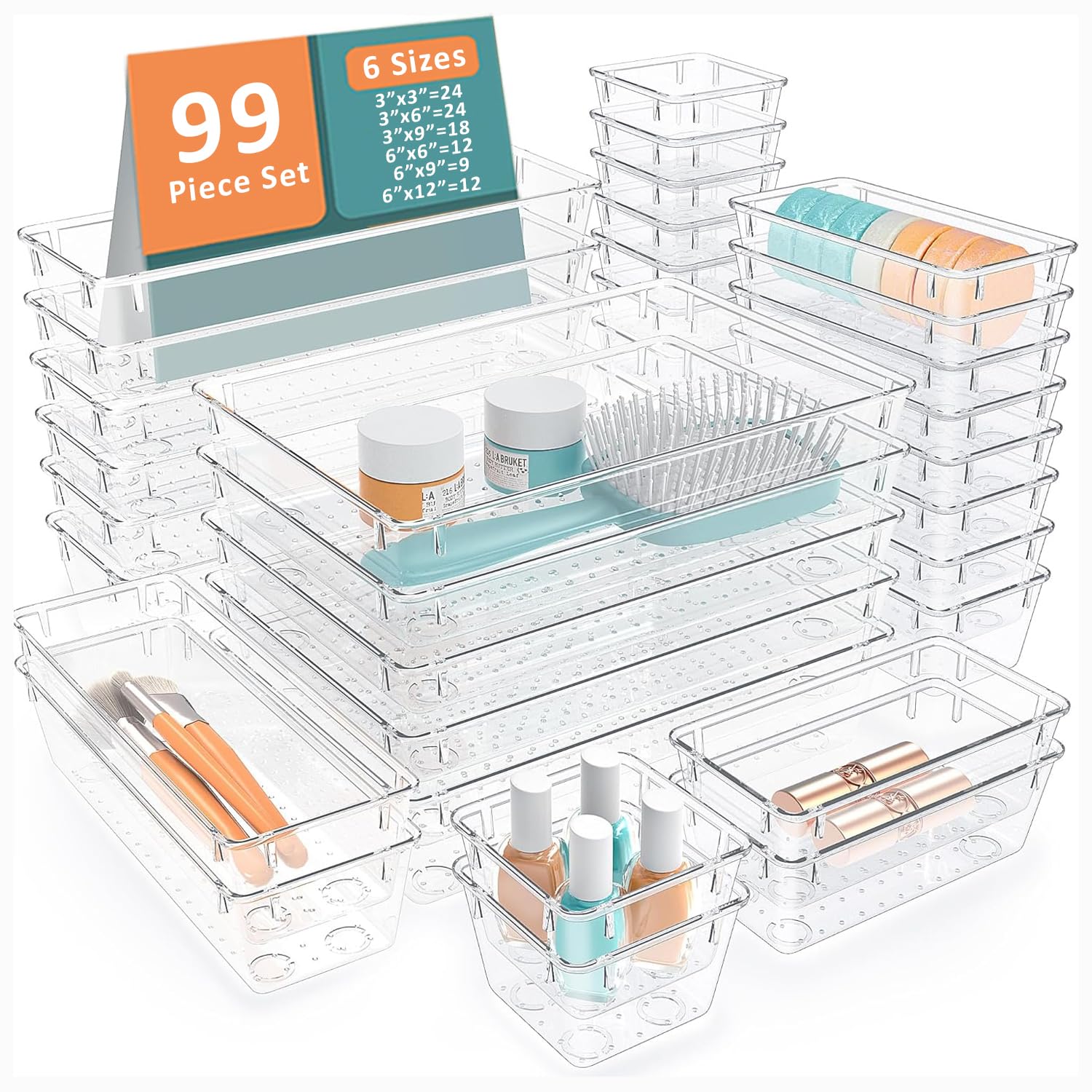 Kuber Industries 99 Pcs Set MultiPurpose Transparent Drawer Organizers | Plastic Trays For Storage Kitchen & Aesthetic Dressing