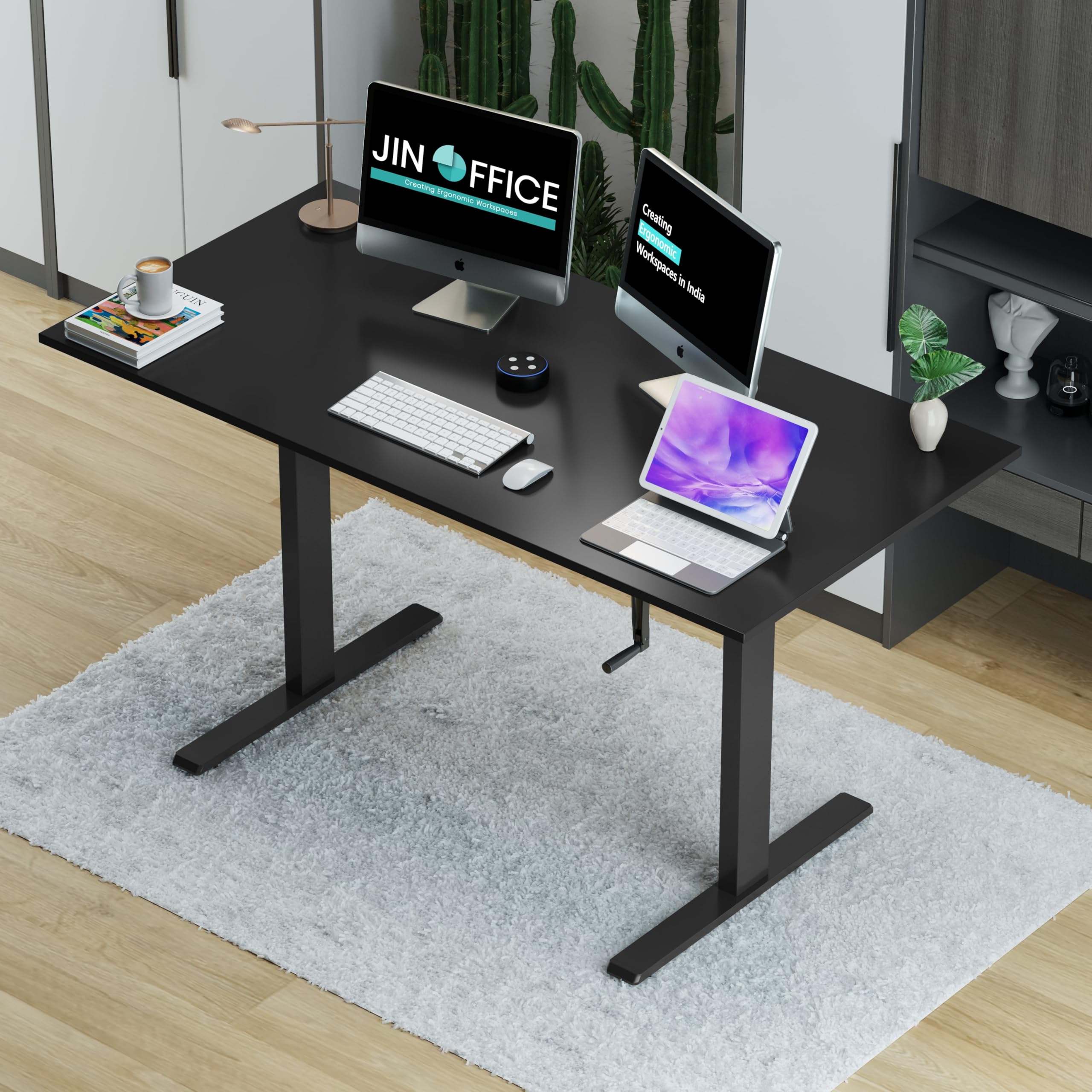 Jin Office Vertex Manual Height Adjustable Table| Adjustable Desk With Hand Crank| Sit Stand Desk| Ergonomic Table For Home Offi