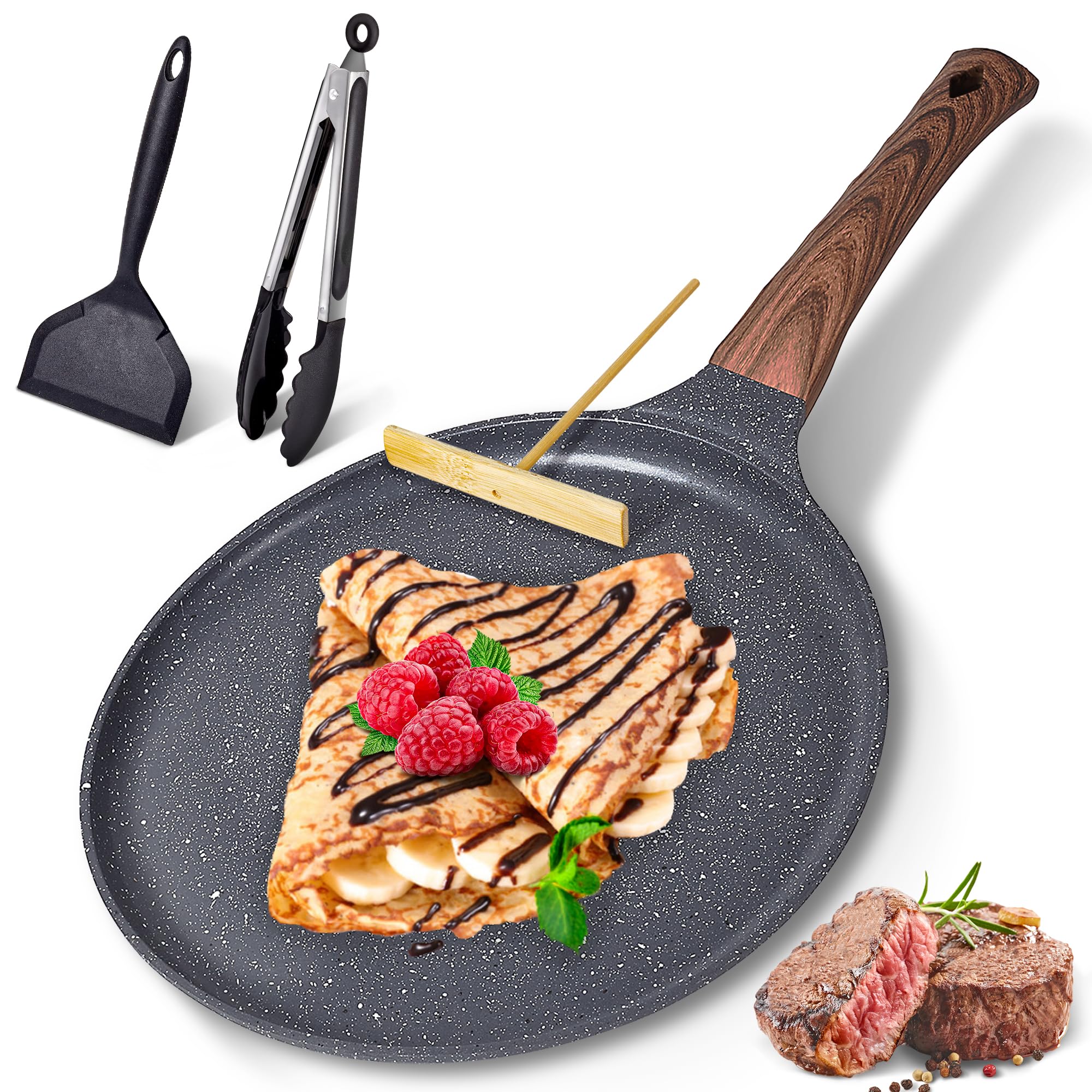 Aosion 11 Inch Crepe Pan Nonstick Dosa Tawa Pan,Skillet Pan,Cast Aluminum Tortilla Pan For Pancake Omelette Steak Frying Egg Wit