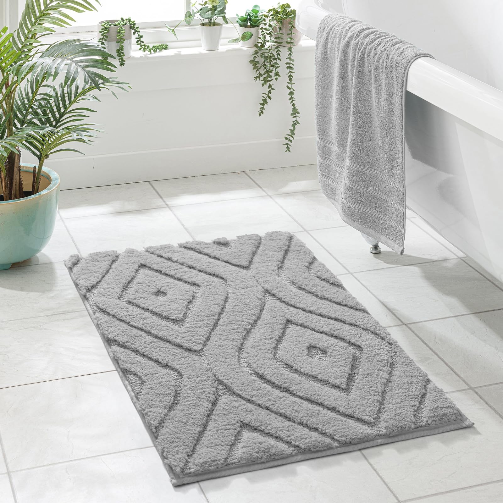 Dexde Gray Bathroom Rugs Boho Bath Mat Non Slip Geometric Luxury Soft Washable Carpet For Bathroom Shower Kitchen Entryway Moder