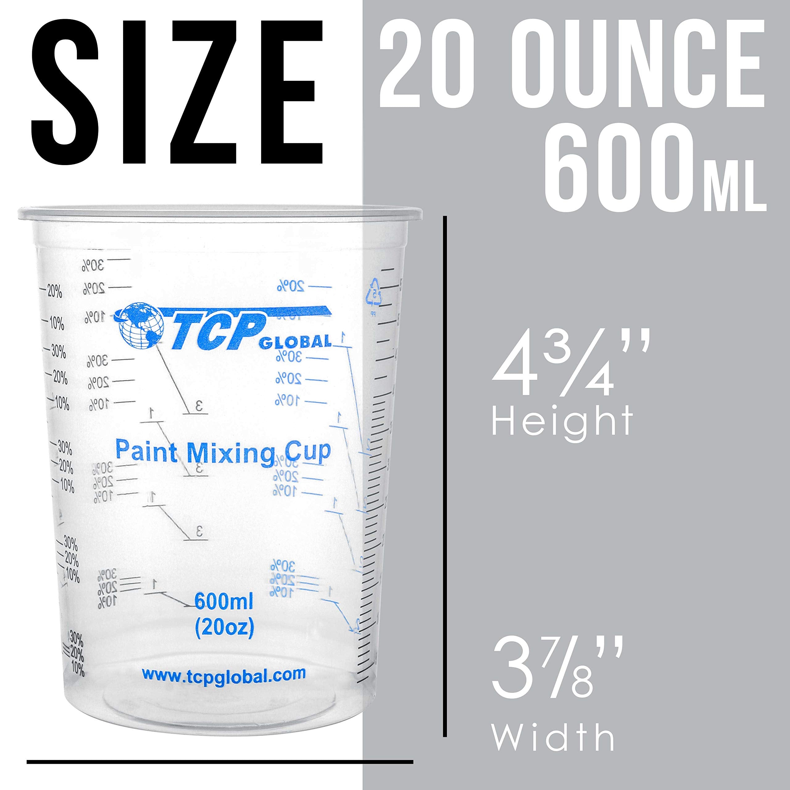 Tcp Global 20 Ounce (600Ml) Disposable Flexible Clear Graduated Plastic Mixing Cups - Box Of 50 Cups & 50 Mixing Sticks - Use Fo