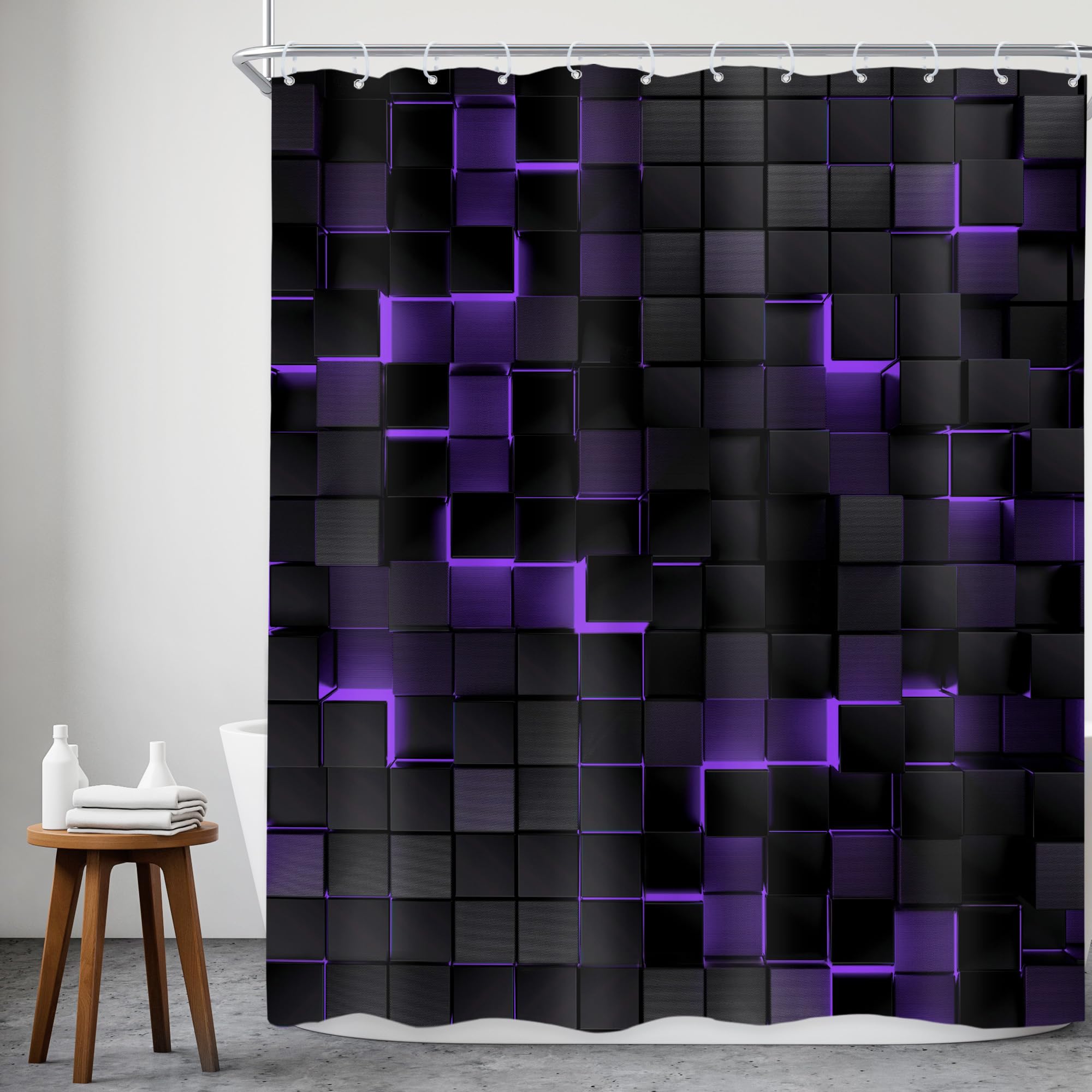 Riyidecor Black Purple Wall Shower Curtain 60Wx72H Inch Abstract Brick Modern 3D Gradient Design Futuristic Geometric Plaid Cube