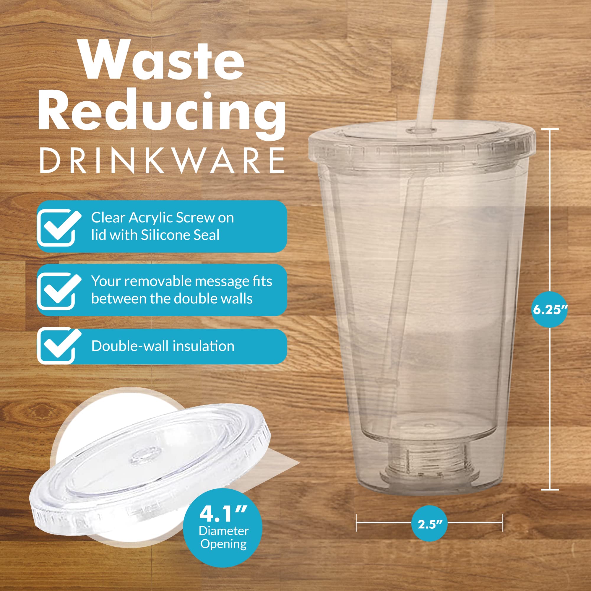 Simple Green Solutions - Customizable Paper Insert Acrylic Double Wall Cup For Cold Drinks, Clear Reusable Cups With Lids & Stra