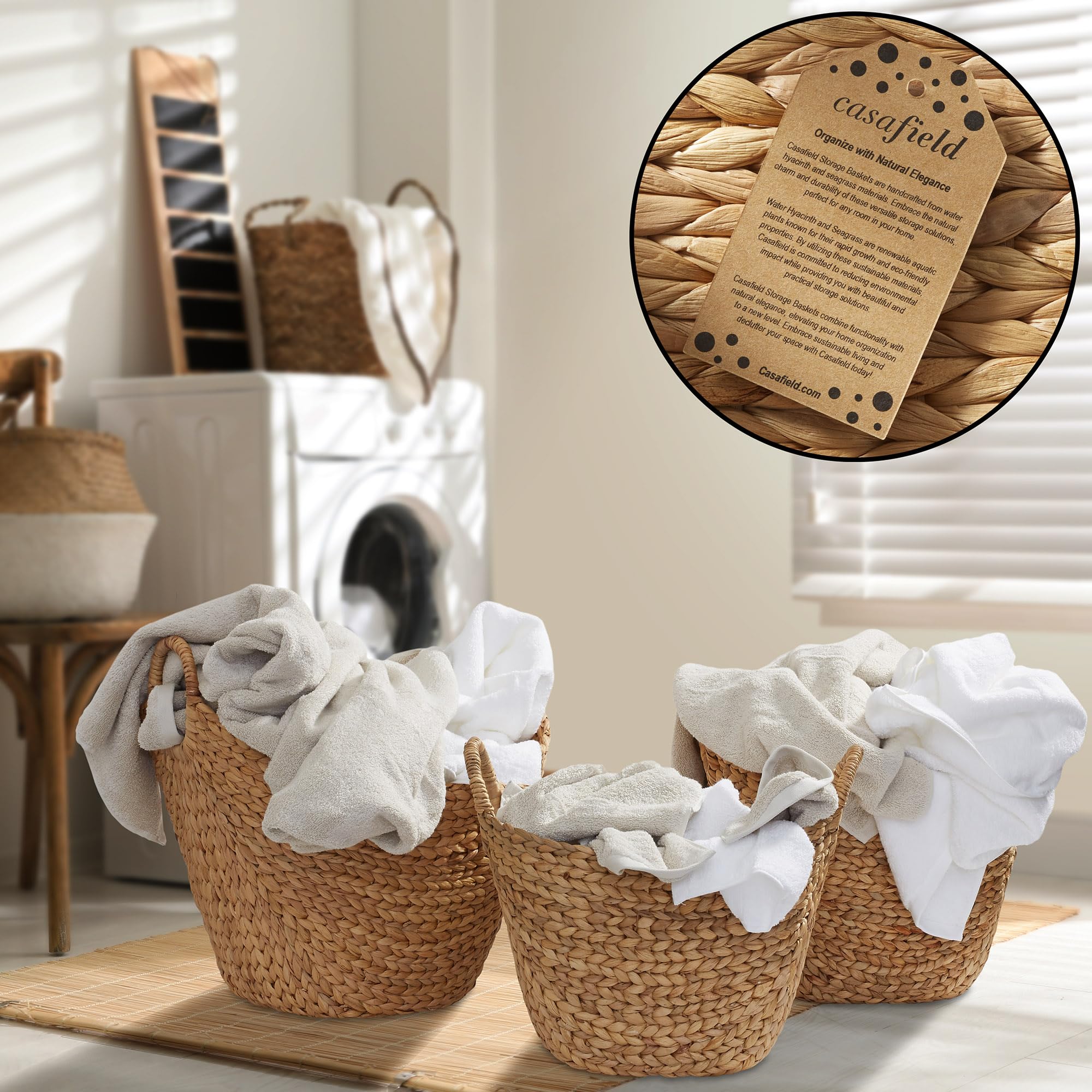 Casafield Set Of 3 Multipurpose Boat Baskets With Handles - Natural, Woven Water Hyacinth Storage Organizers For Throw Blankets,