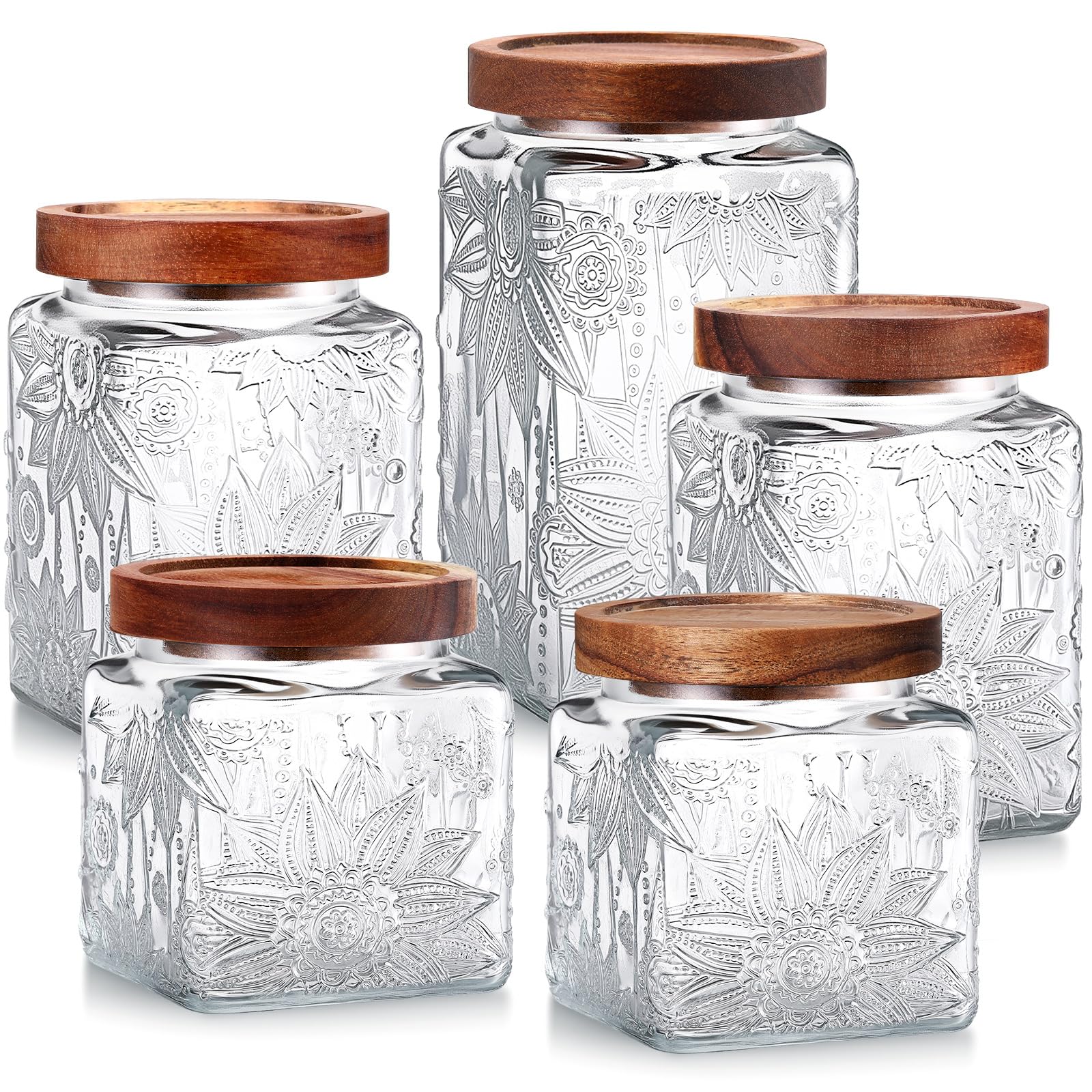 Suclain 5 Pcs Sunflower Vintage Glass Jars Airtight Lid 17/24/34 oz,Square
