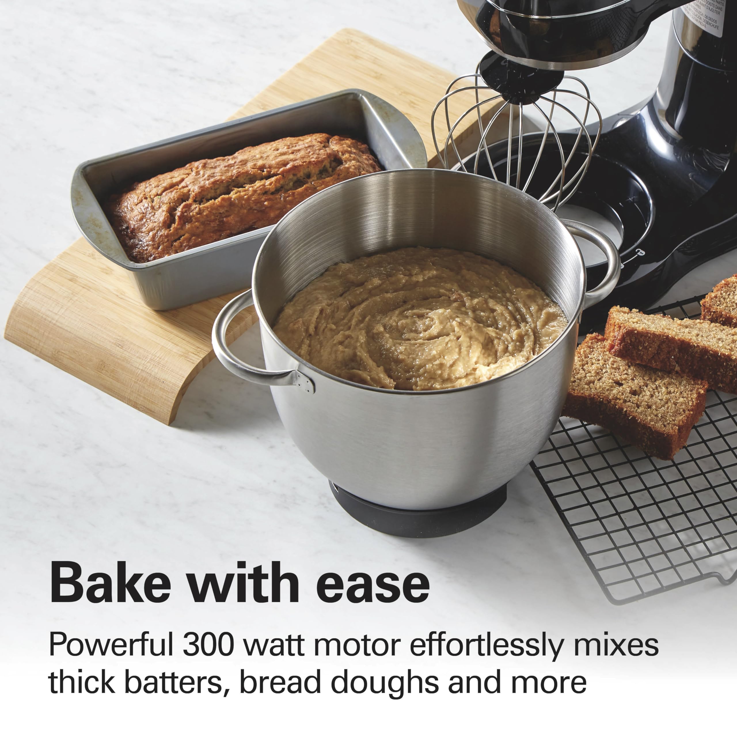 Hamilton Beach Electric Stand Mixer, 4 Quarts, Dough Hook, Flat Beater Attachments, Splash Guard 7 Speeds With Whisk, Black With