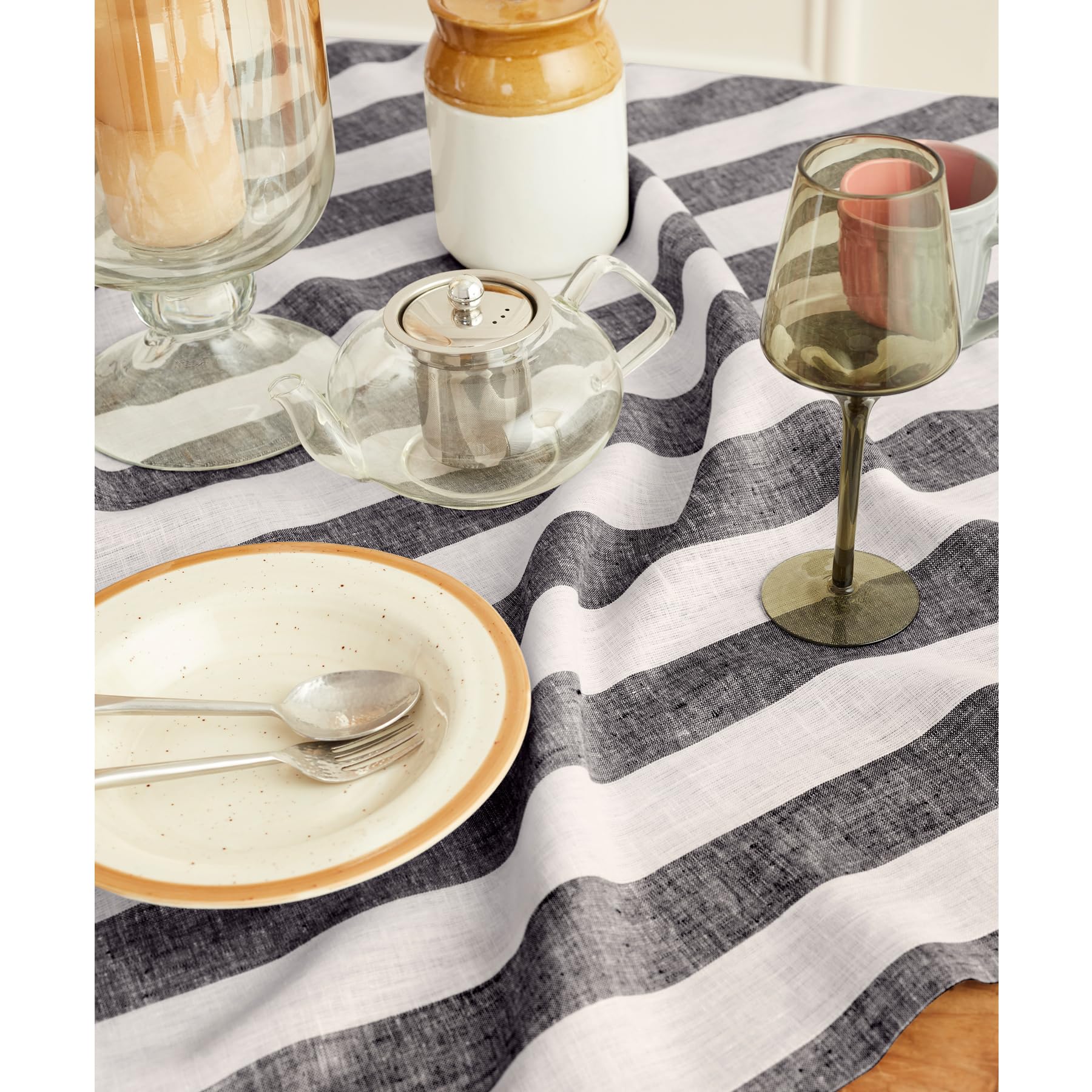 Solino Home Cabana Stripe Linen Tablecloth 52 X 52 Inch - 100% Pure Linen Black And White Table Throw For Spring, Easter - Handc