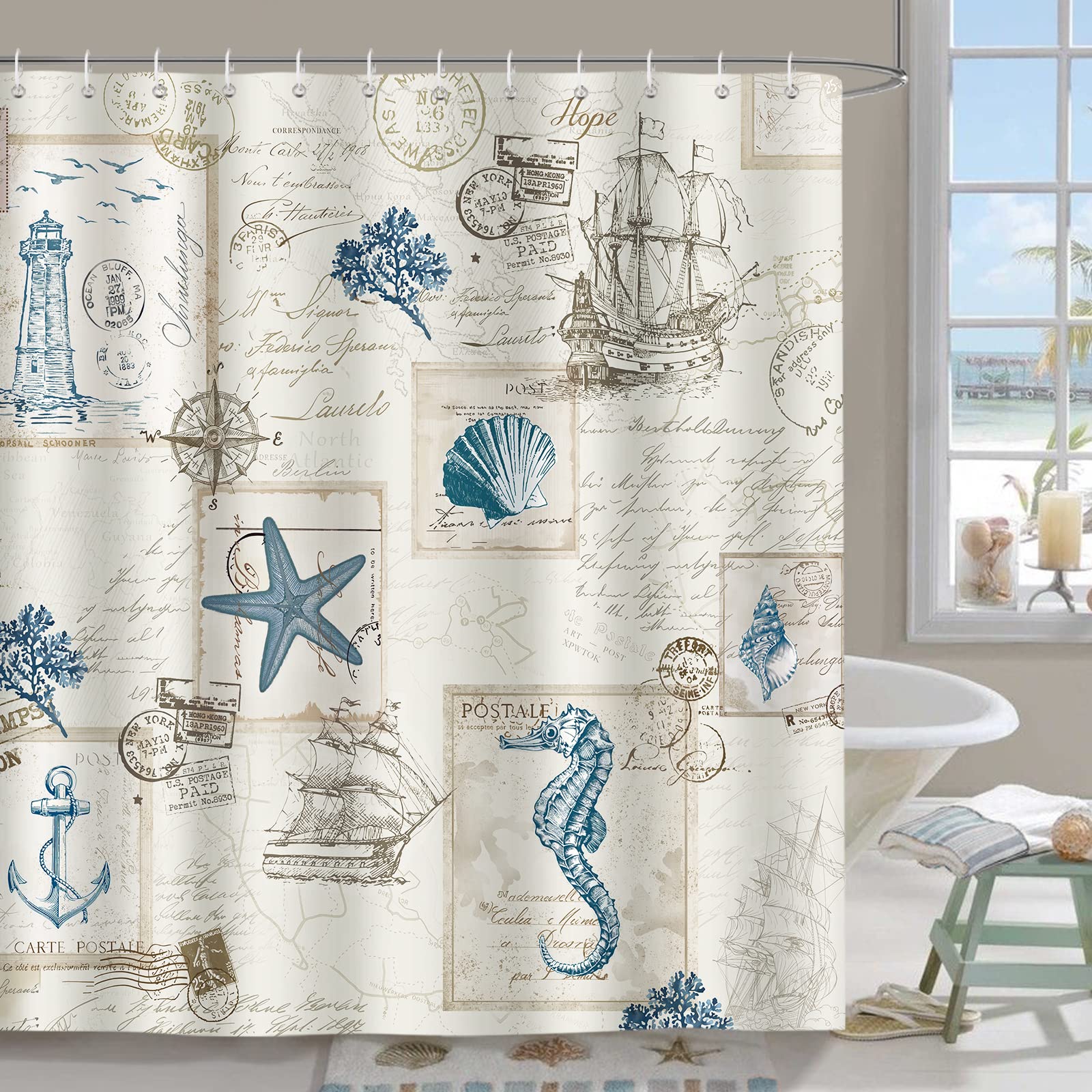 Bonhause Nautical Coastal Shower Curtain 72 X 72 Inch Vintage Sailboat Lighthouse Anchor Decorative Bath Curtain Polyester Fabri