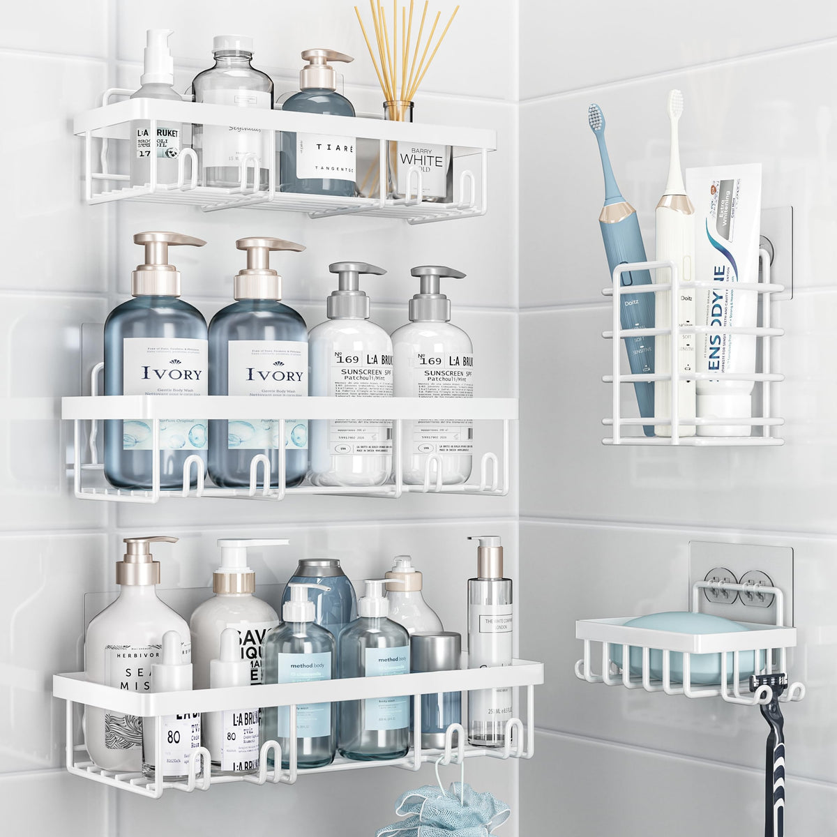 Liuoud Shower Caddy 5 Pack, Bathroom Shower Organizer Rack For Inside Shower, Adhesive Shower Shelf,Shampoo Holder, Shower Baske