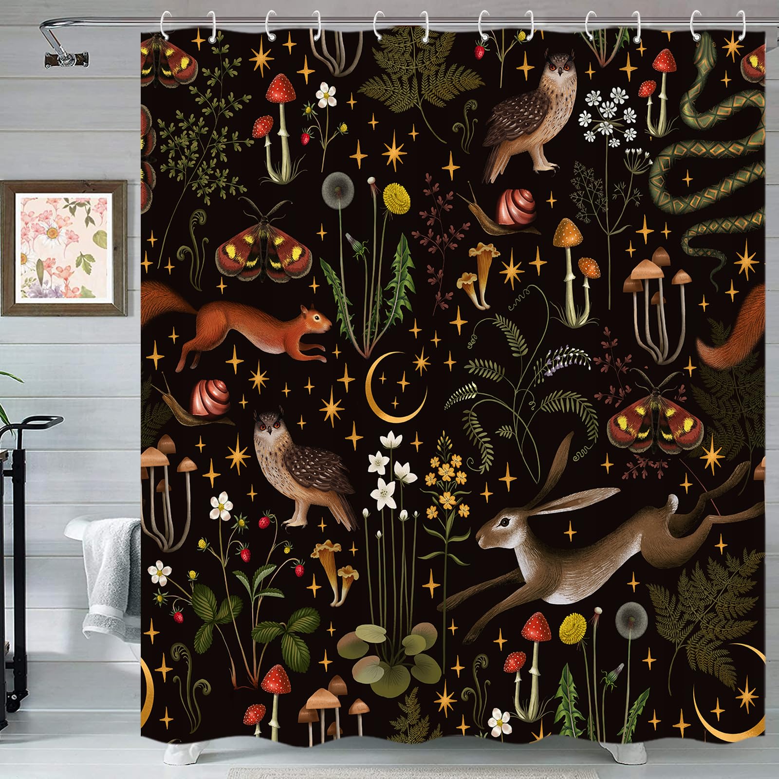 Fairy Rustic Forest Shower Curtain, Boho Cute Funny Gothic Vintage Mushrooms Woodland Wild Animals Butterfly Shower Curtain For