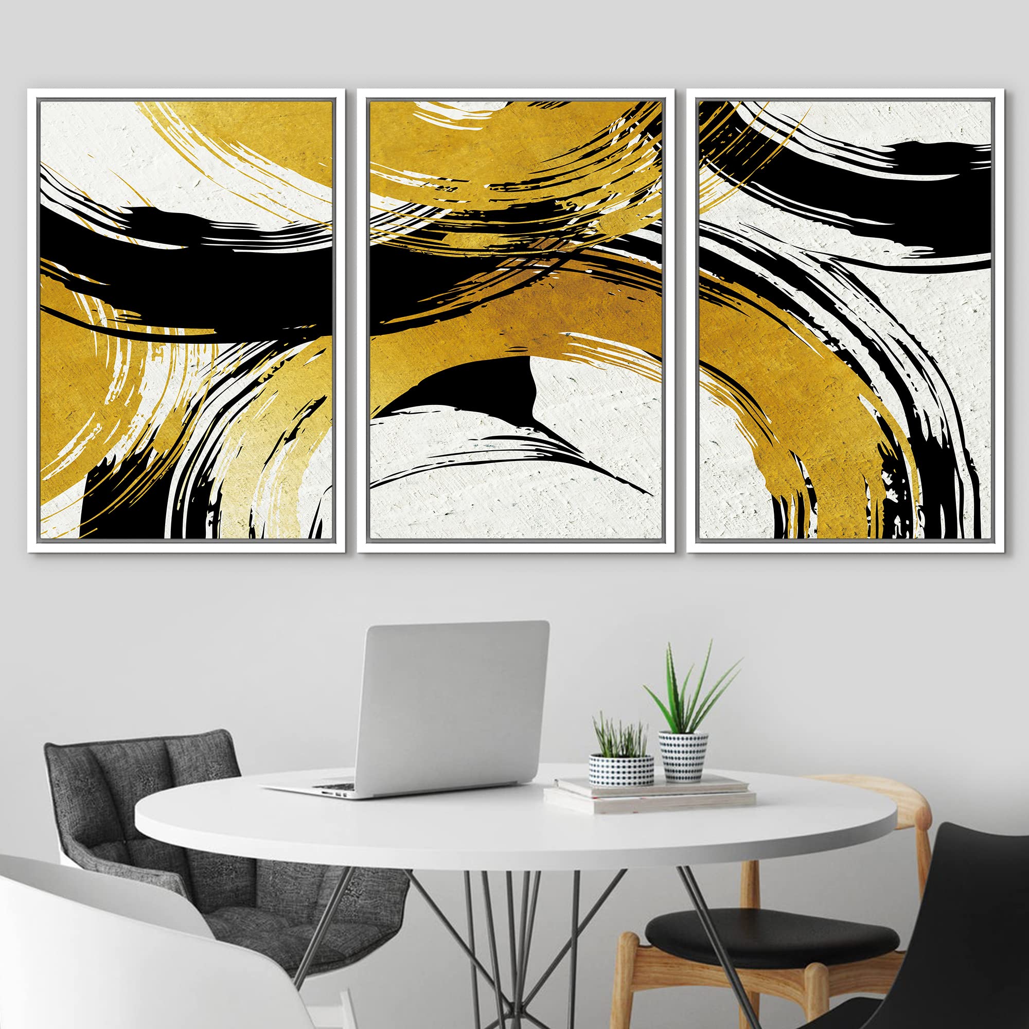 Idea4Wall Framed Wall Art Print Set Gold & Black Interlocking Rings Geometric Shapes Illustrations Modern Art Glam Dramatic Mult