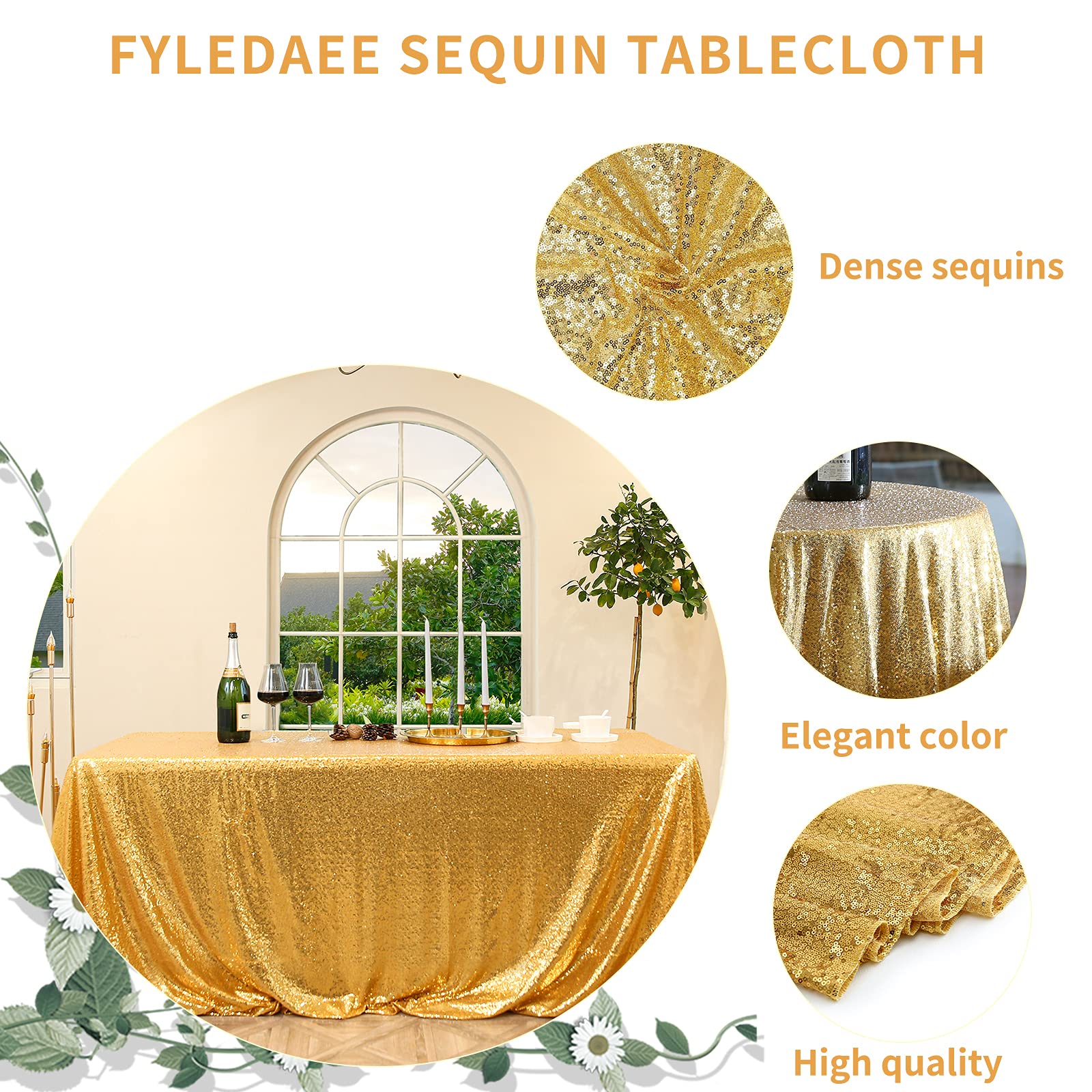Fyledaee Gold Round Sequin Table Cloths For Parties, 50X50 Inch Glitter Overlay Table Cover Fitted Square Rectangle Small Tables