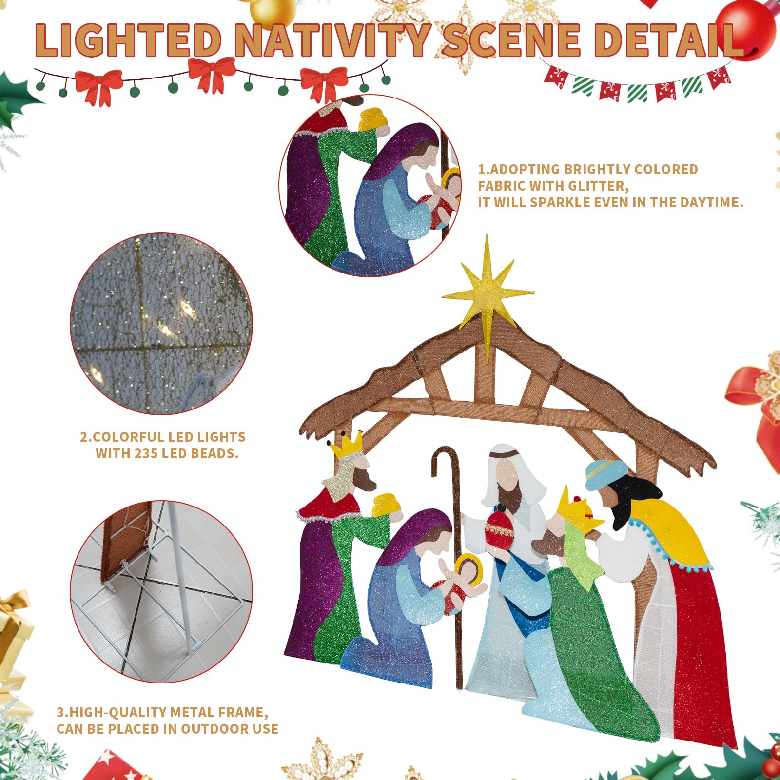 Execabe 5FT Lighted Nativity Scene Outdoor, Holy Family Christmas Set with 235 LED Lights,Large Christmas Manger Scene Decoratio