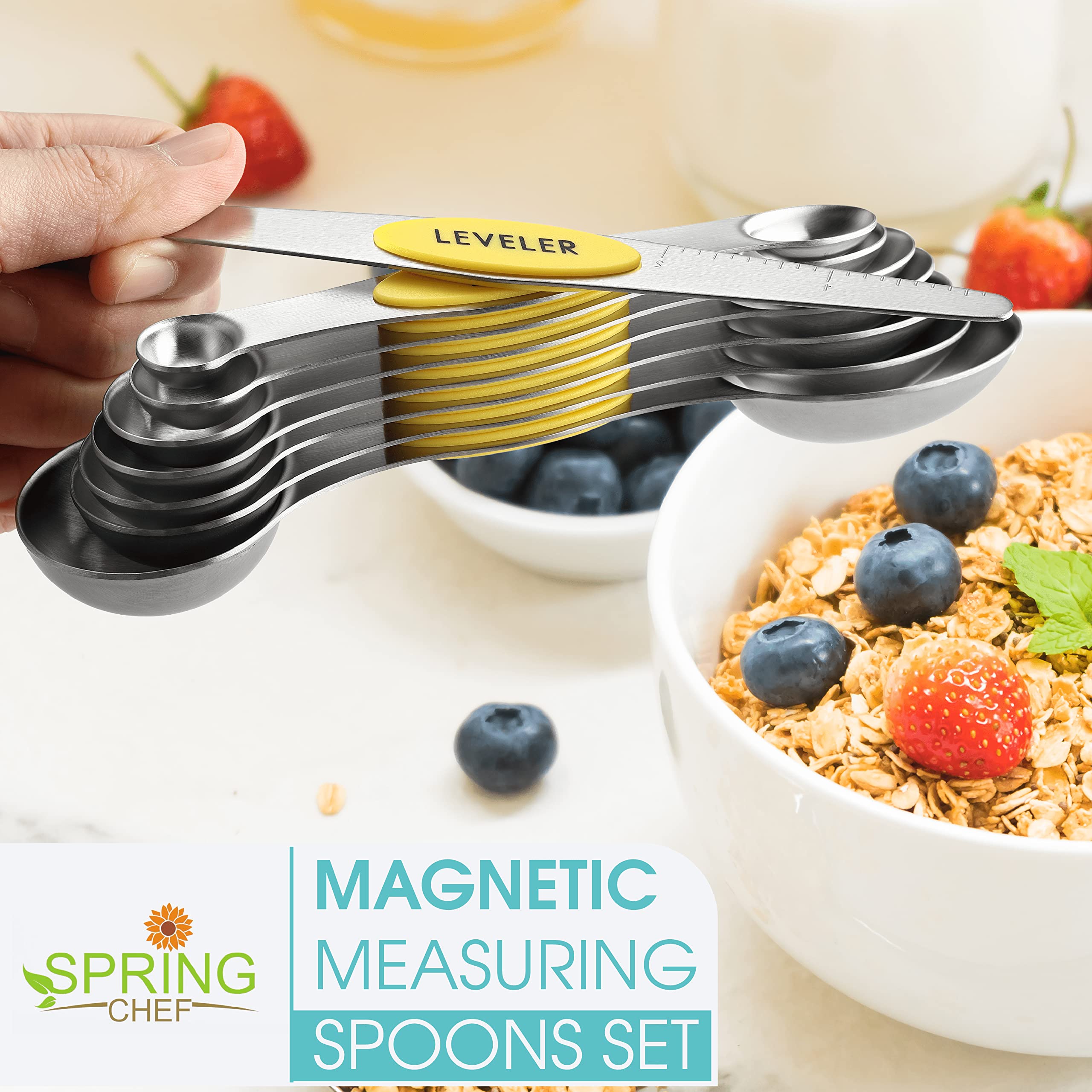 Spring Chef Magnetic Measuring Spoons Set, Dual Sided, Stainless Steel, Fits In Spice Jars, Yellow, Set Of 8, 2 Pack