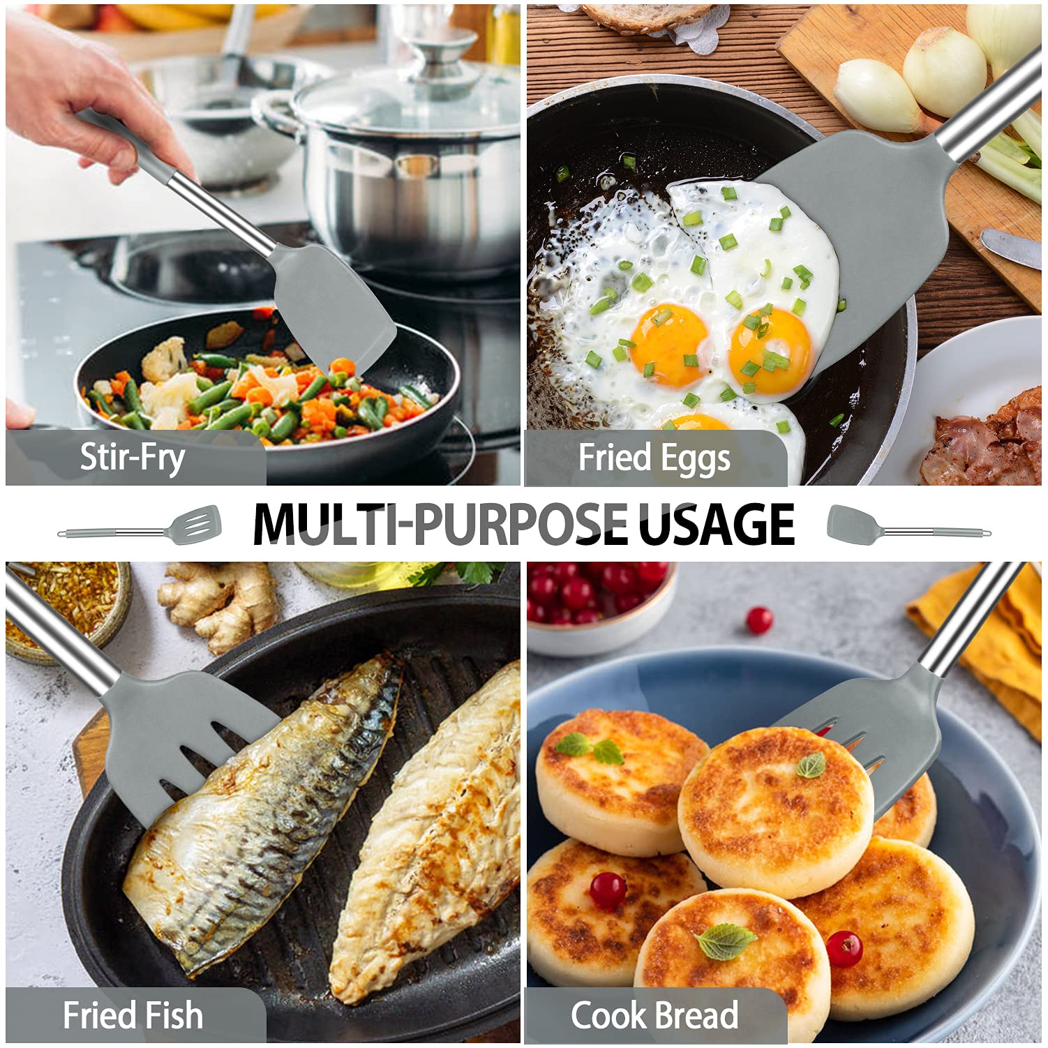 Pack Of 4 Large Silicone Cooking Spatulas And Spoons, Slotted And Solid Stainless Steel Cooking Utensils Set, Non-Stick Heat Res