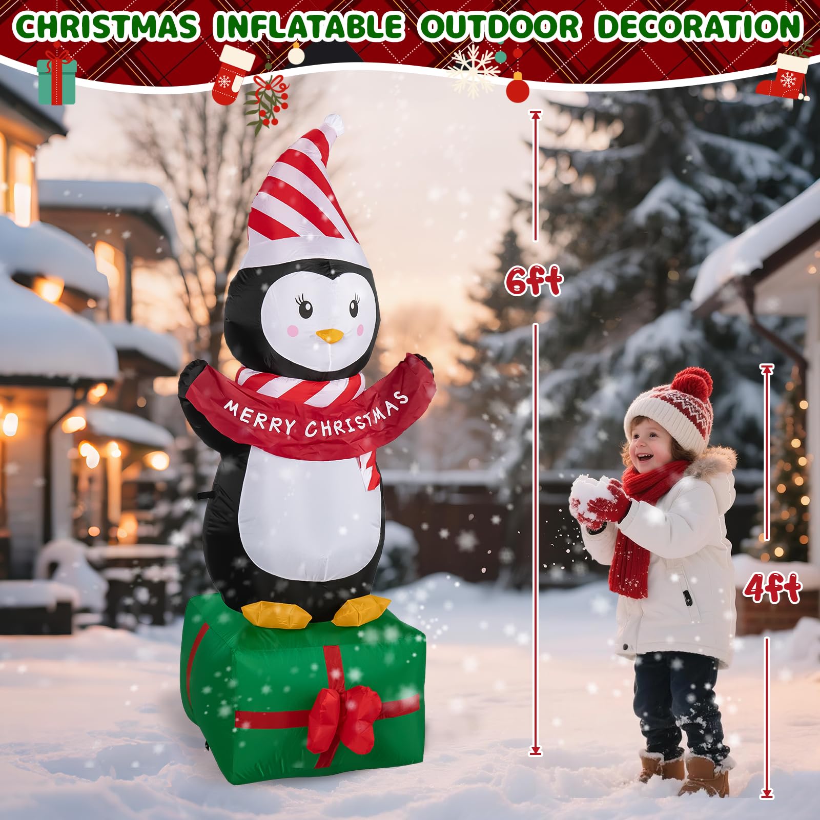 GIFTFIND 6FT Christmas Penguin Inflatables Decoration with LED Lights, Blow Up Outdoor Decoration for Christmas Party, Holiday X