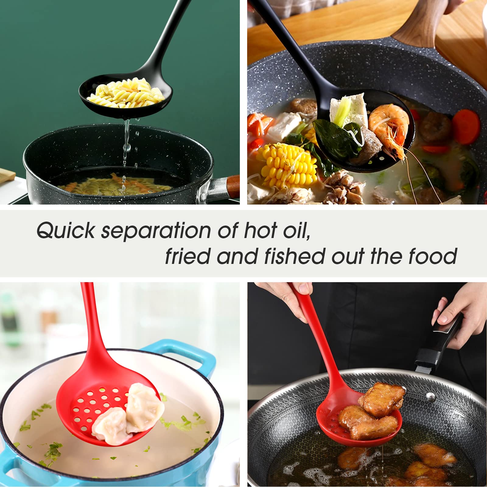 Armrouns Skimmer Slotted Spoon 2Pc Set, Heat Resistant 600 F Slotted Ladle Spoons For Kitchen Cooking. (Black & Red)
