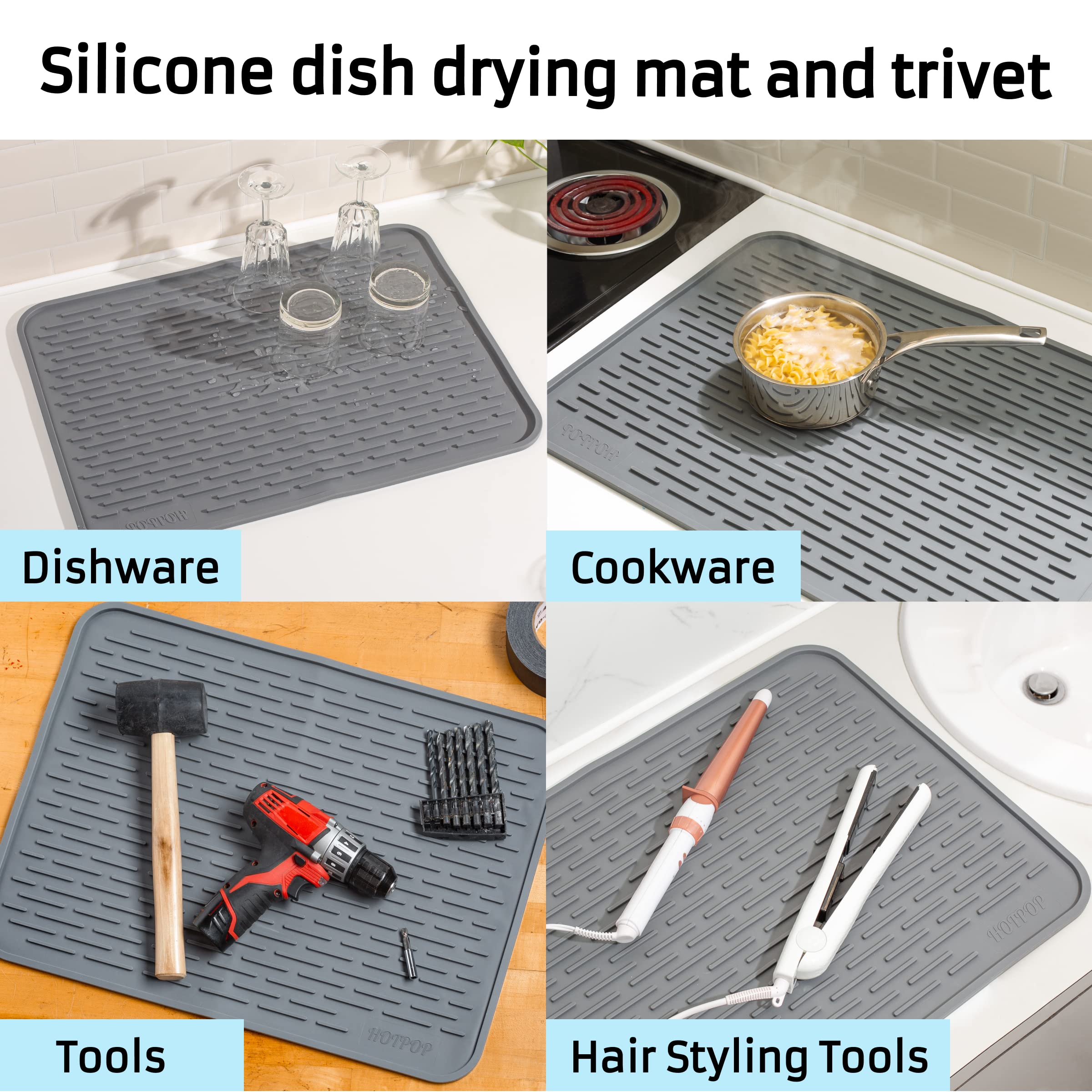 Hotpop Xxl 24X18 Inches Gray Silicone Dish Drying Mat & Large Trivet - Dishwasher Safe, Heat Resistant, Eco-Friendly - Ideal Dri