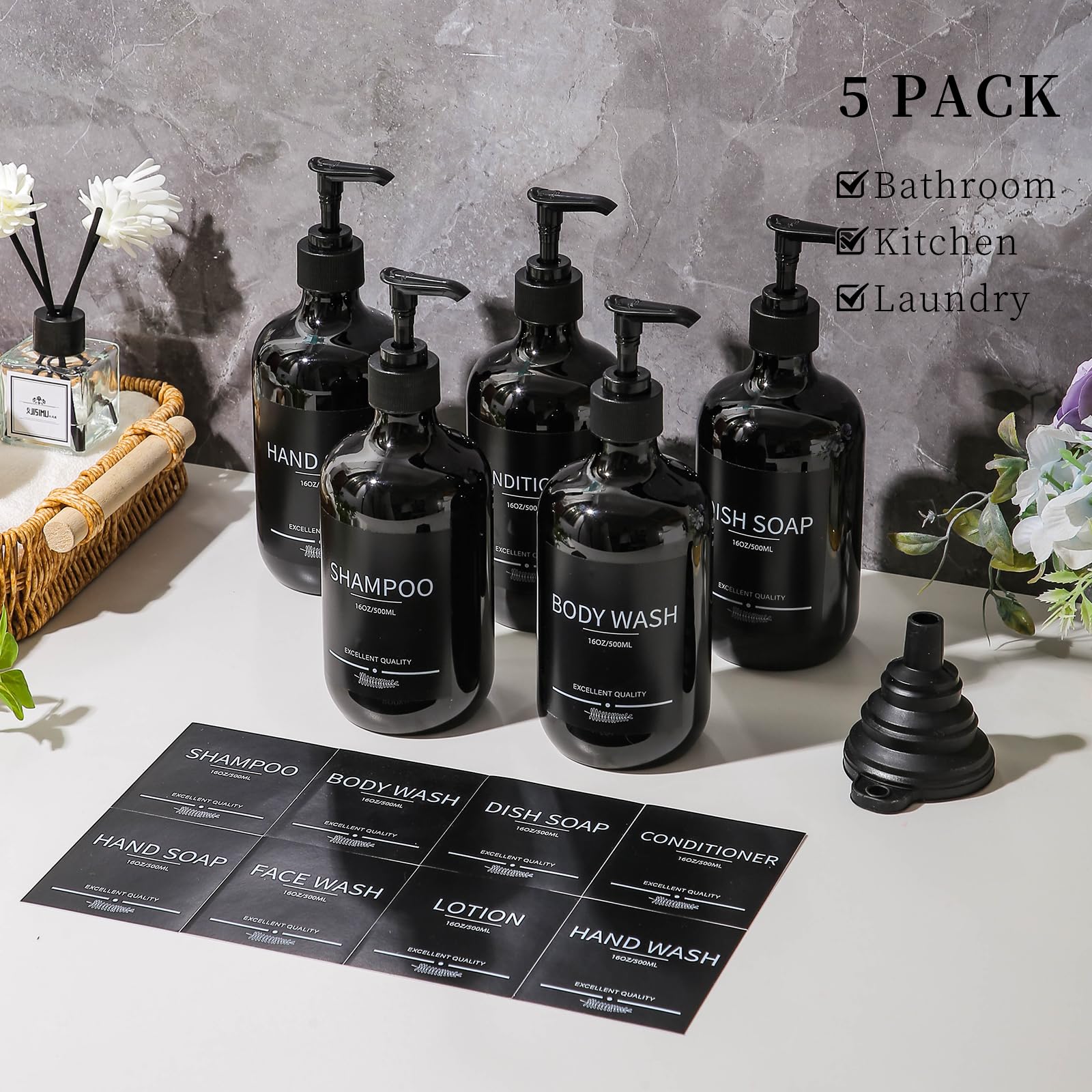 Mithrgrous (5Pack) Black Shower Bottles Refillable With Labels, 16.9Oz Reusable Shampoo And Conditioner Bottles,Shampoo Dispense