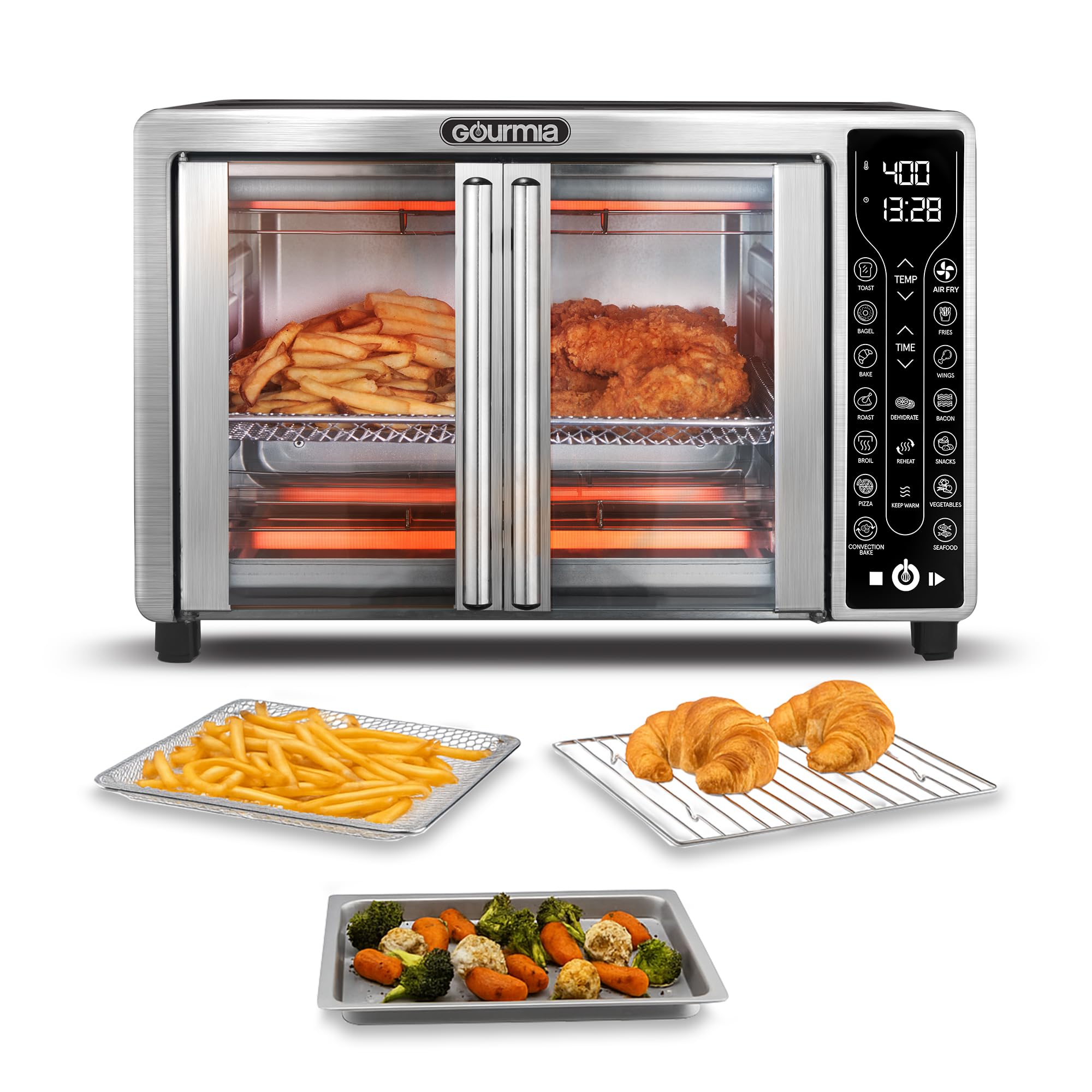Gourmia French Door Air Fryer - 25 Qt Large Capacity Convection Oven, Fryfroce 360, Digital Display with 17 Cooking Presets, Bak