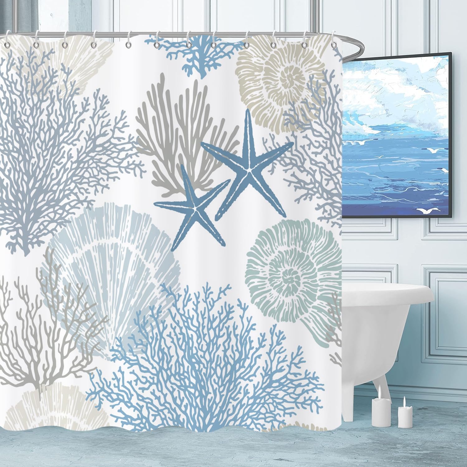 Caheansi Nautical Coastal Shower Curtain, Blue Ocean Beach Seashell Starfish Themed Bathroom Curtain Waterproof Fabric Machine W