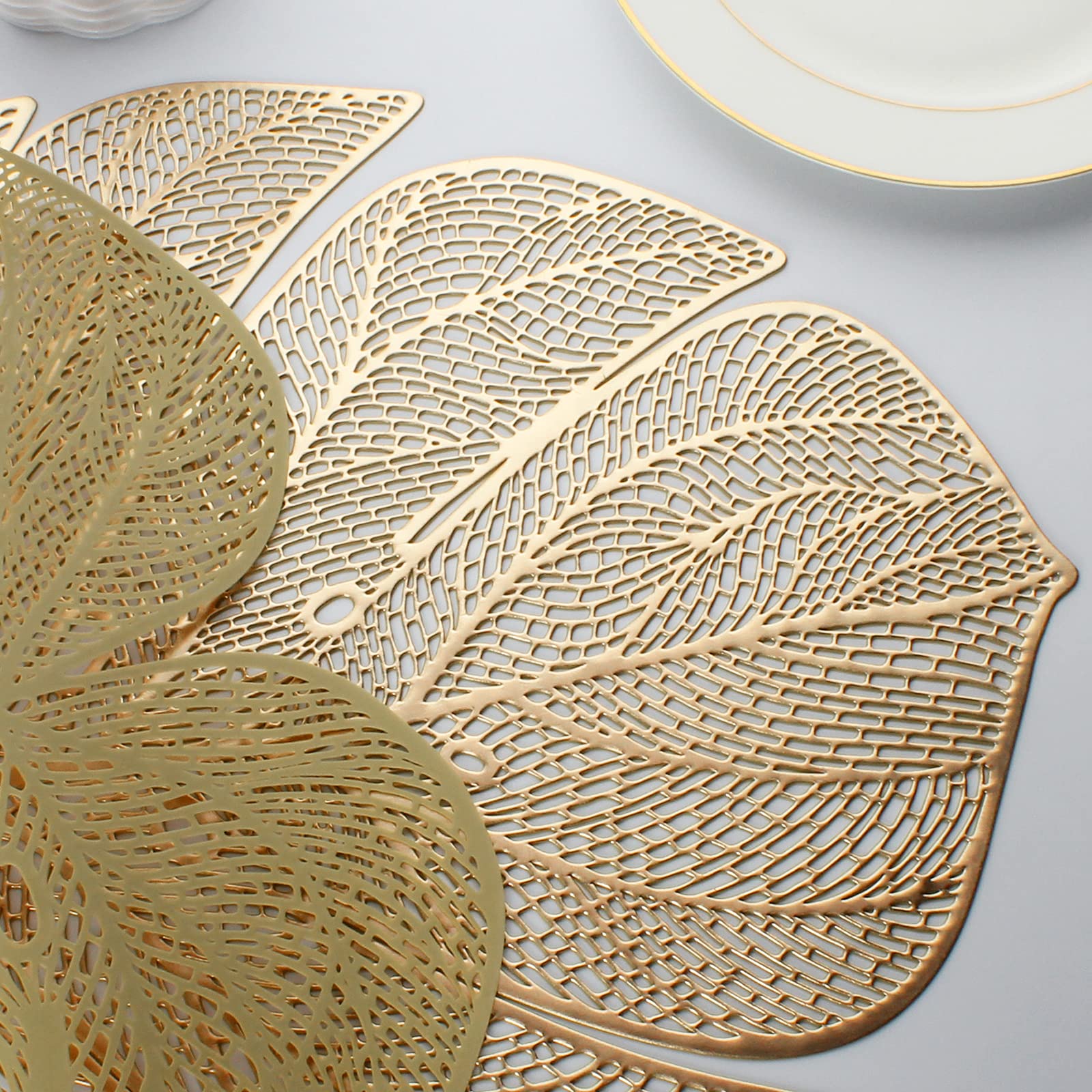 Evevda Gold Leaf Shaped Vinyl Placemats For Dinner Table Set Of 6 Metallic Plastic Gold Place Mats Wipeable 6Pcs Table Mats For
