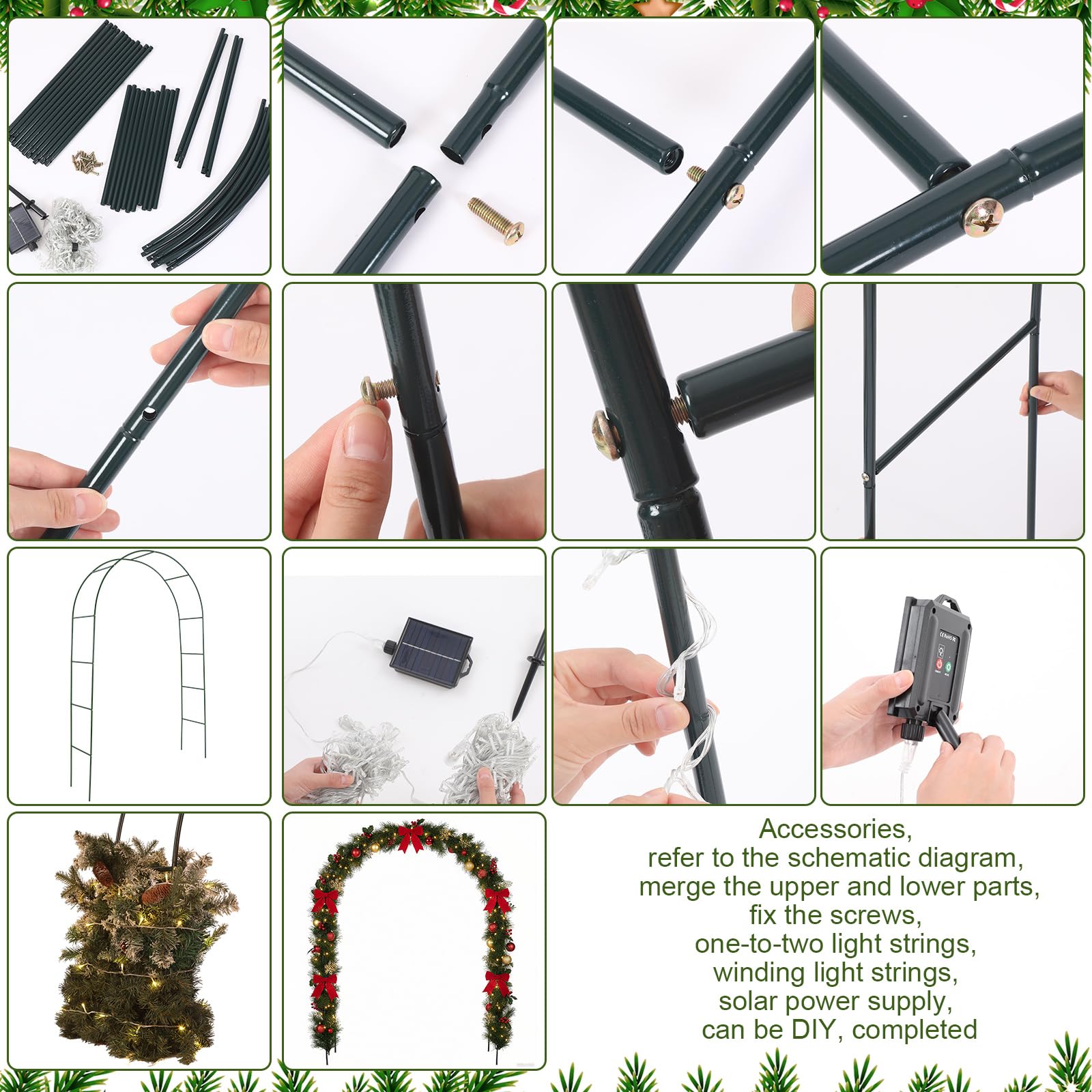Seeloowy 3 Pack 8ft Solar Christmas Light Archway Outdoor with 8 Mode LED Light, Metal Arch Outdoor Decoration, Easy Assembly Re