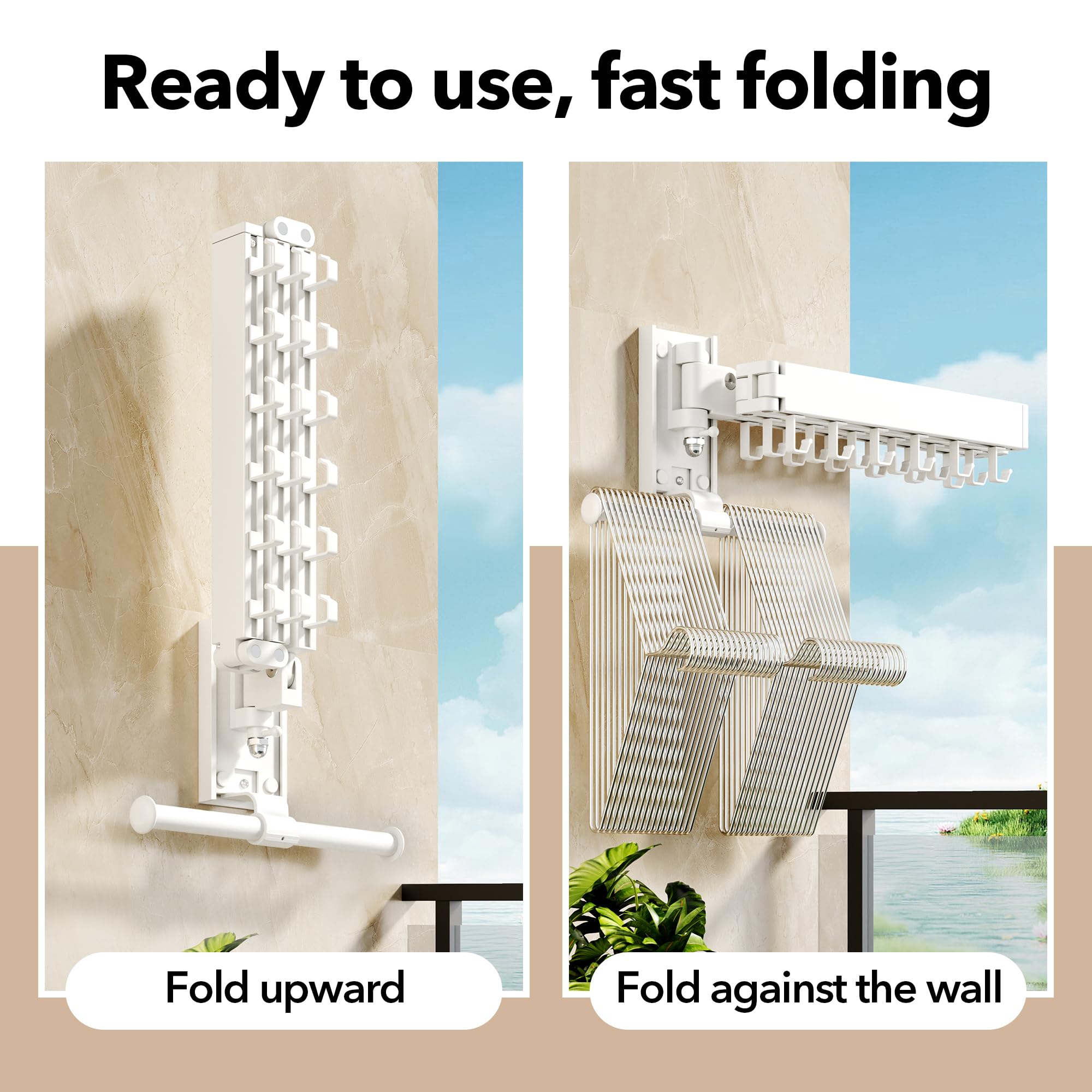 HEILAIYI Wall Mounted Clothes Hanger Clothes Drying Rack Laundry Drying Rack Clothes Rack Wall Mount Drying Rack Clothing Retractable Collapsible can Fold Upward & Left & Right (Upgrade-White)