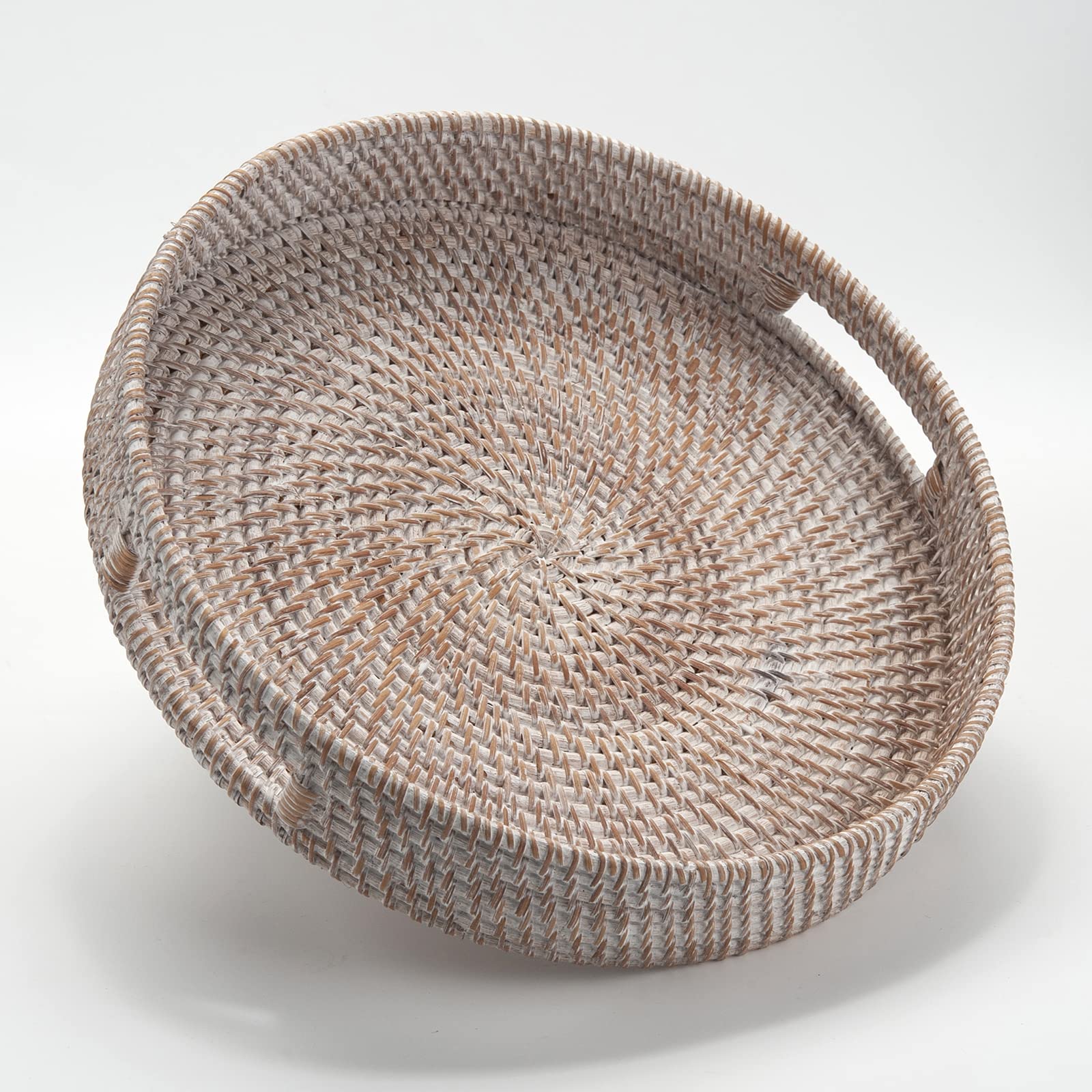 Coffee Table Tray Round Rattan Ottoman Tray Woven Serving Trays with Handles for Home and Kitchen Decorative Whitewash (Large 16