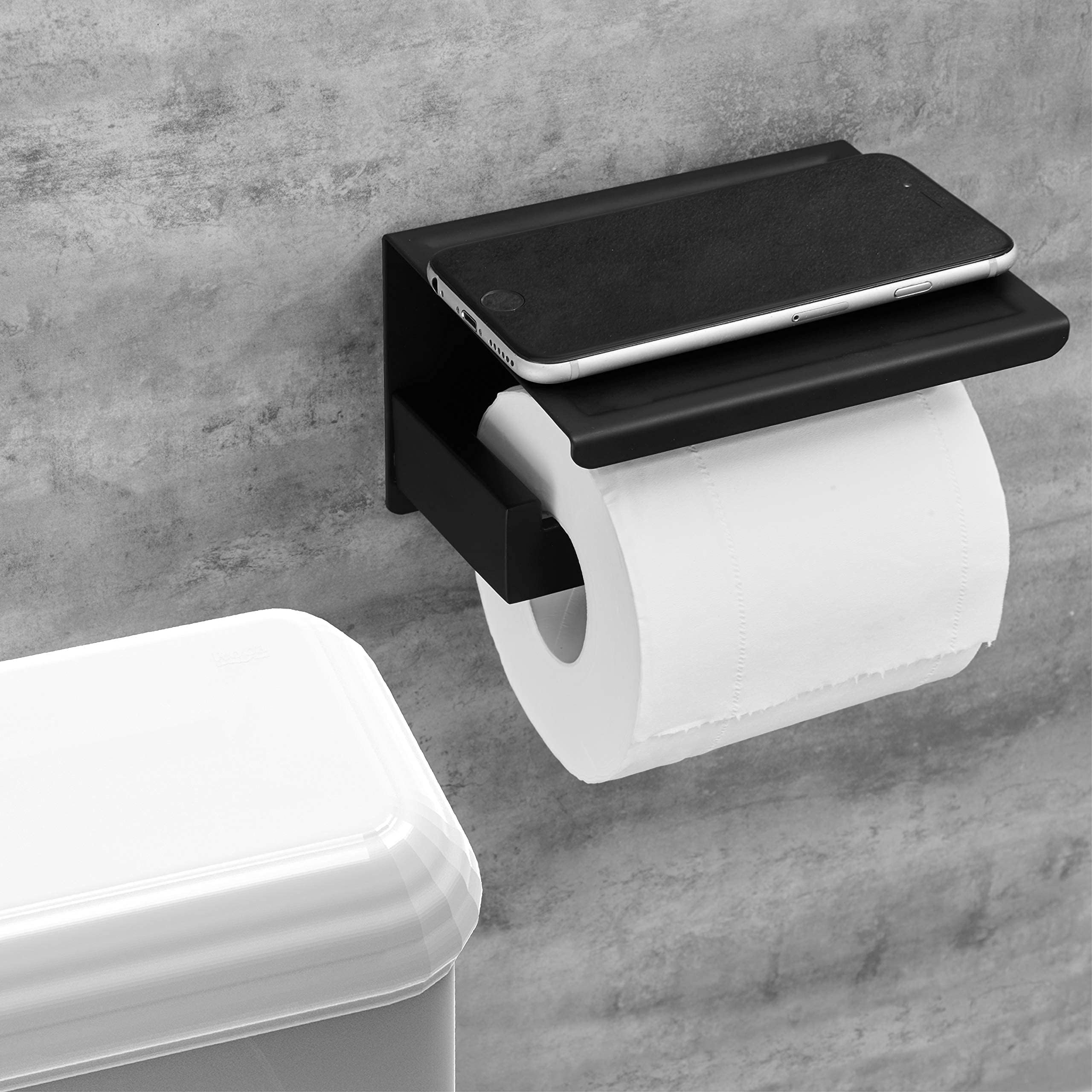 Hitslam Matte Black Toilet Paper Holder, Stick On Toilet Paper Roll Holder With Shelf, Self Adhesive Modern Toilet Paper Holder