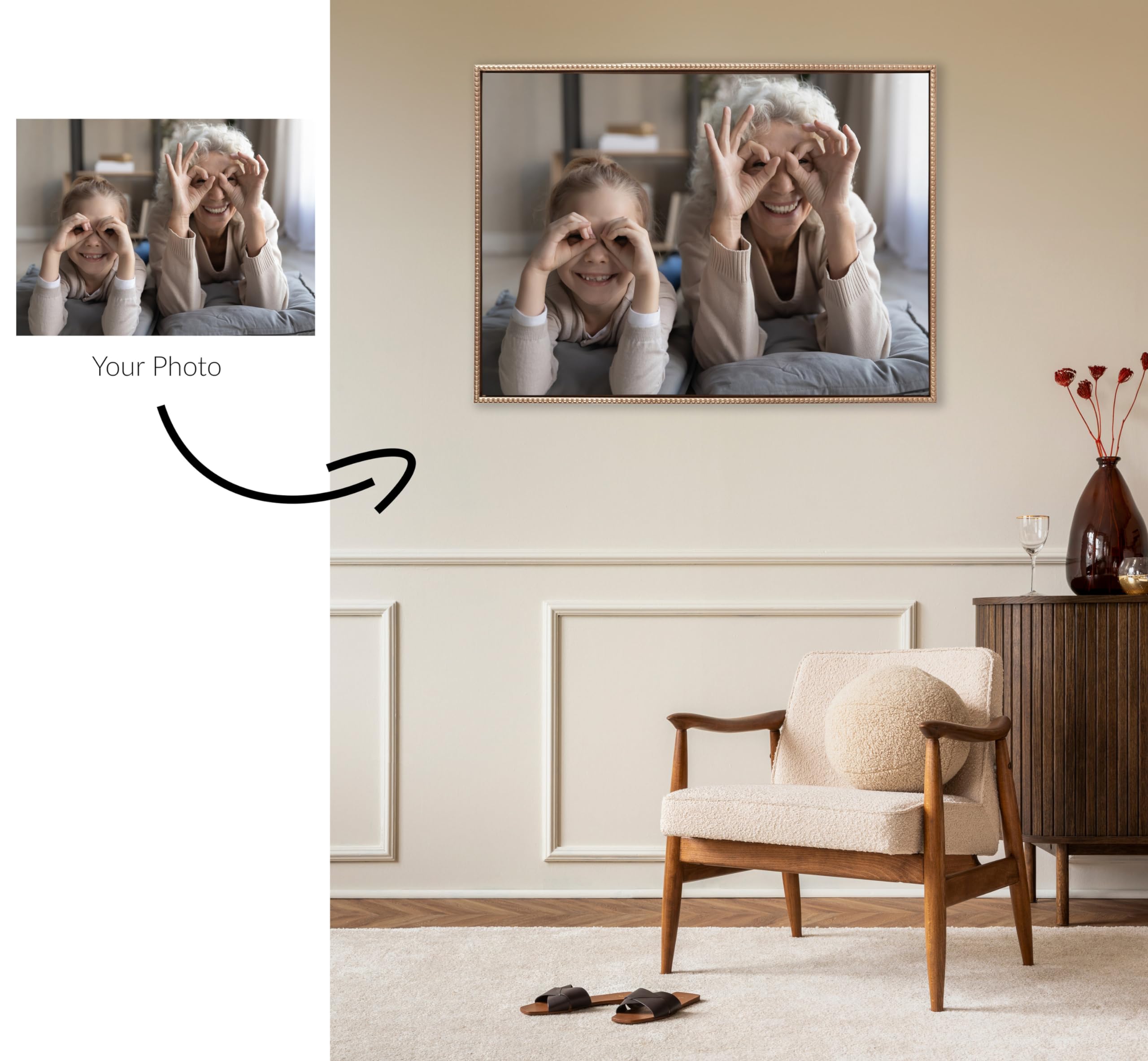 Kate And Laurel Beaded Custom Printed Framed Canvas Wall Art, 38X28 Gold, Personal Canvas Print With Your Photos For Bedroom Or