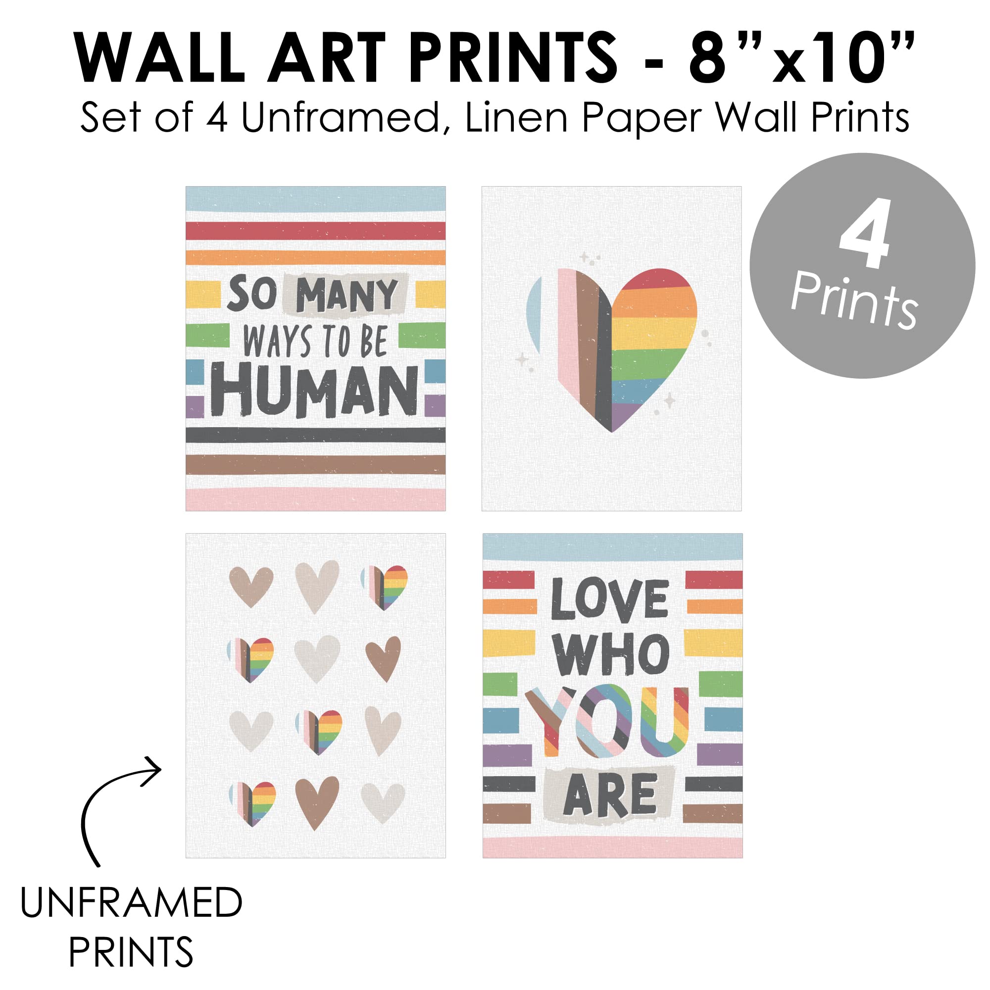 Big Dot Of Happiness So Many Ways To Be Human - Unframed Pride Linen Paper Wall Art - Set Of 4 - Artisms - 8 X 10 Inches