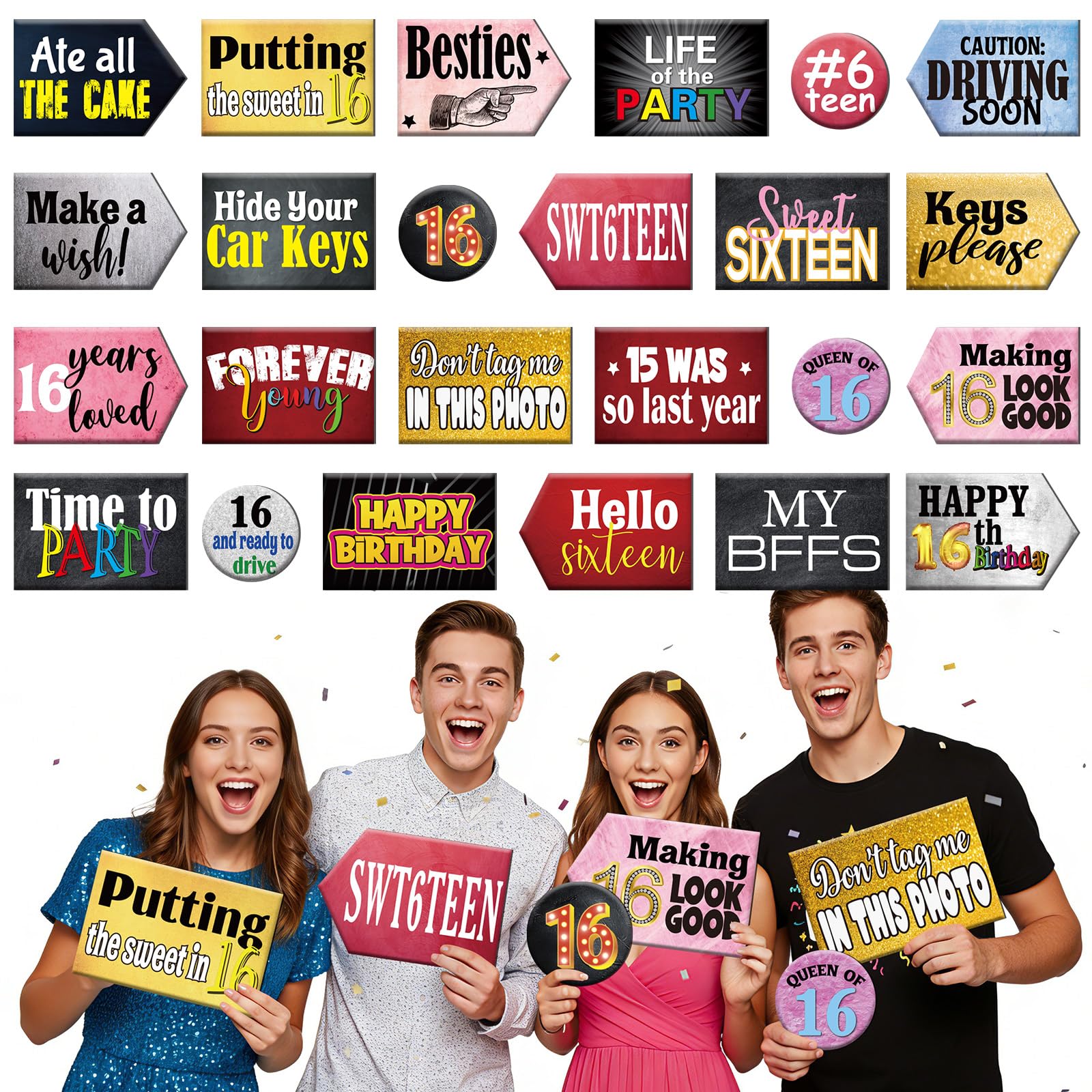 Beeveer 12 Pcs 16th Photo Booth Props 16th Birthday Party Decorations PVC Photo Booth Sign Double Sided for Birthday Party Suppl