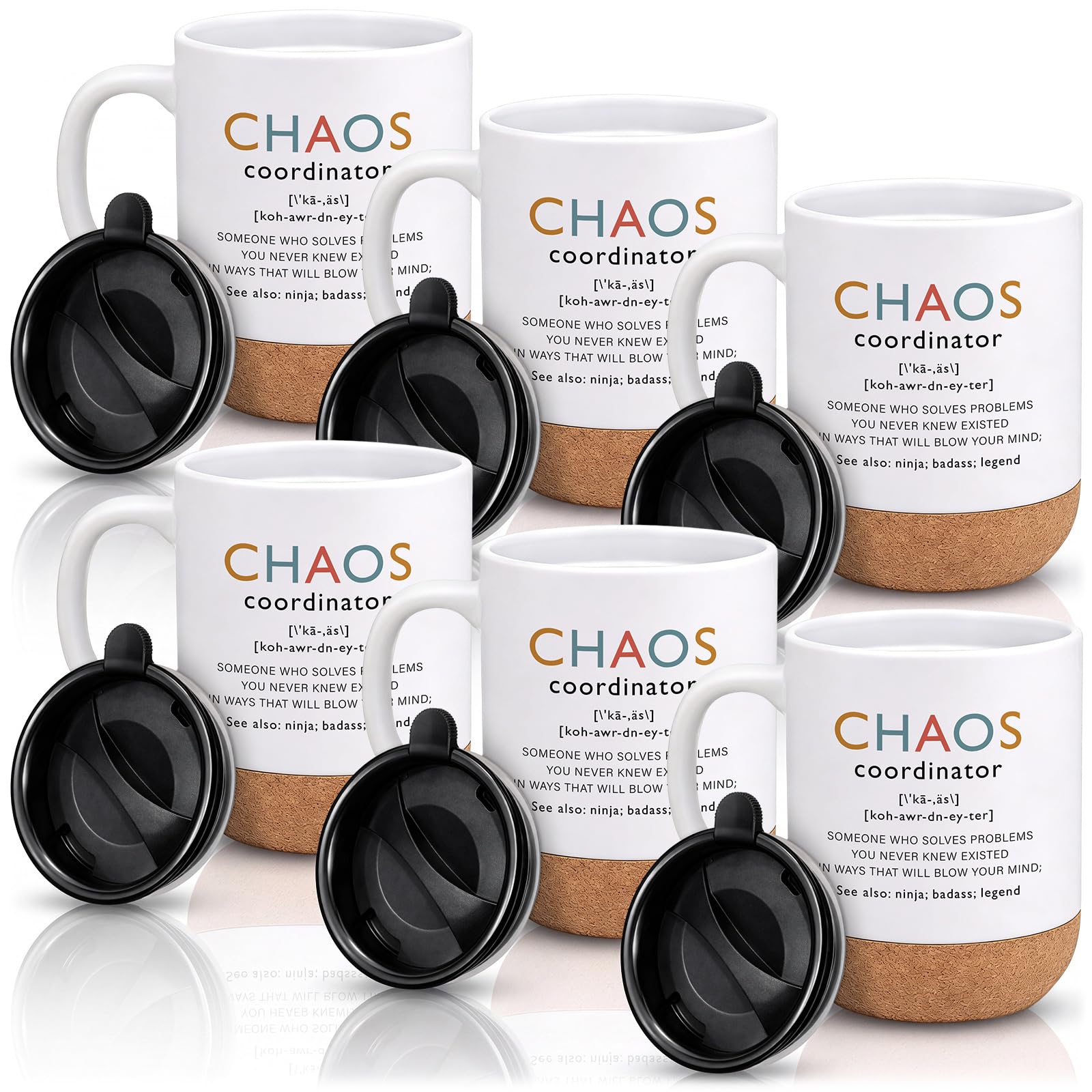 6 Pcs Chaos Coordinator Gifts Ceramic Mug with Lid Cork Bottom, White
