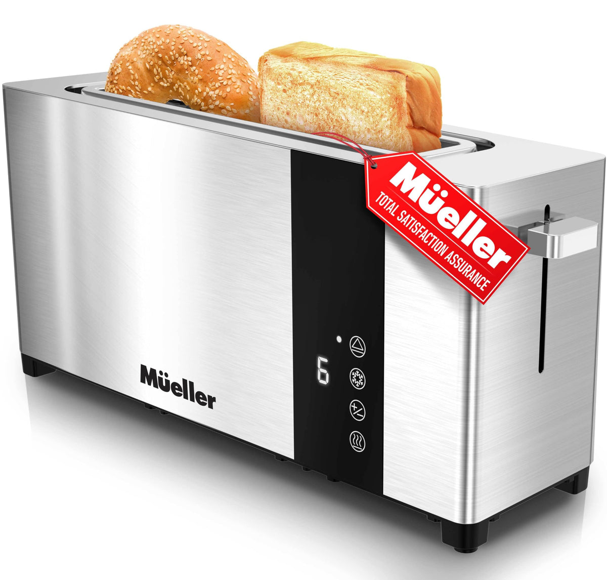 Mueller Ultratoast Full Stainless Steel Toaster 2 Slice, Long Extra-Wide Slots With Removable Tray, Cancel/Defrost/Reheat Functi