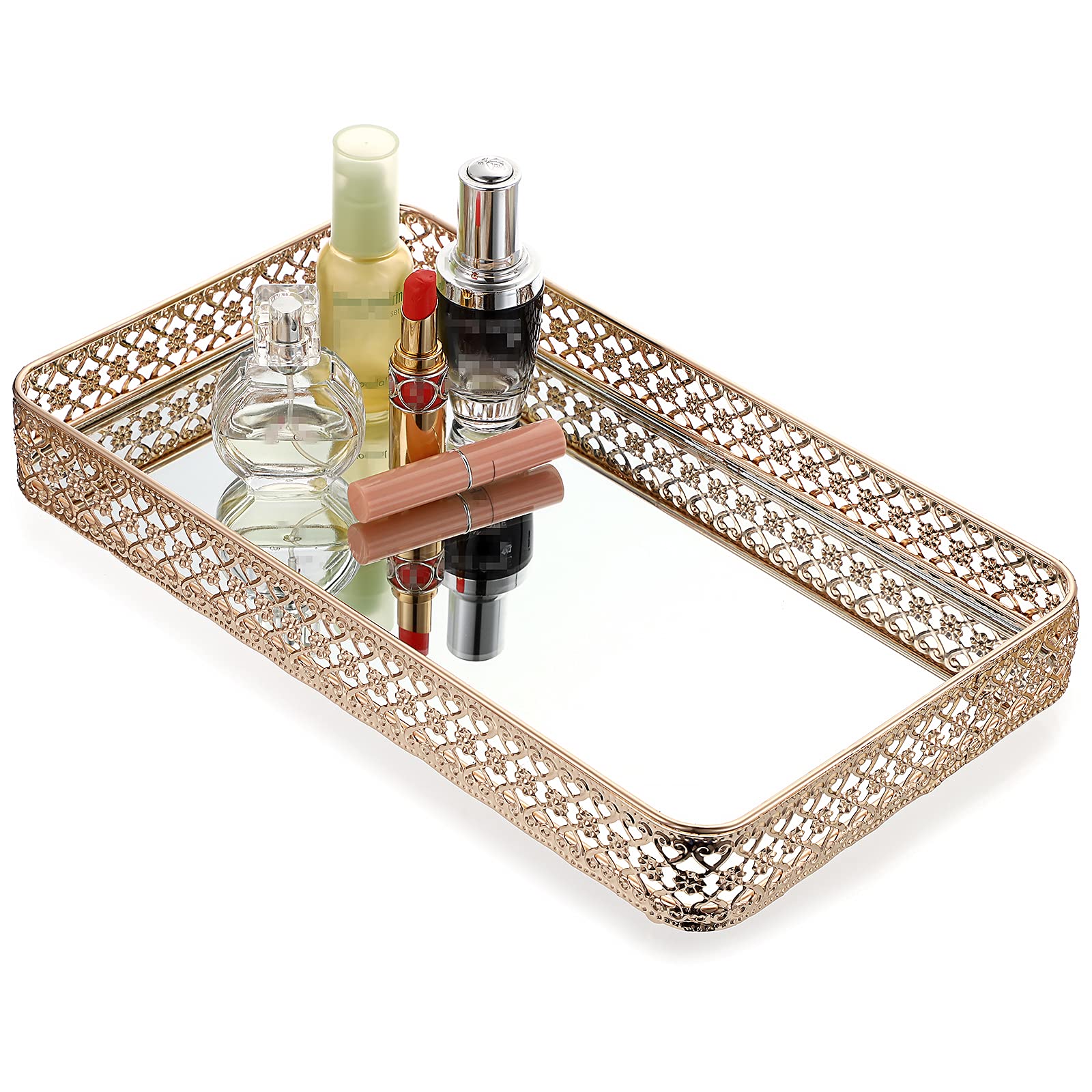 Elldoo Gold Perfume Tray Mirror Tray Makeup Vanity Tray Hollow-Carved Jewelry Tray Glass Metal Trinket Storage Tray Home Organiz