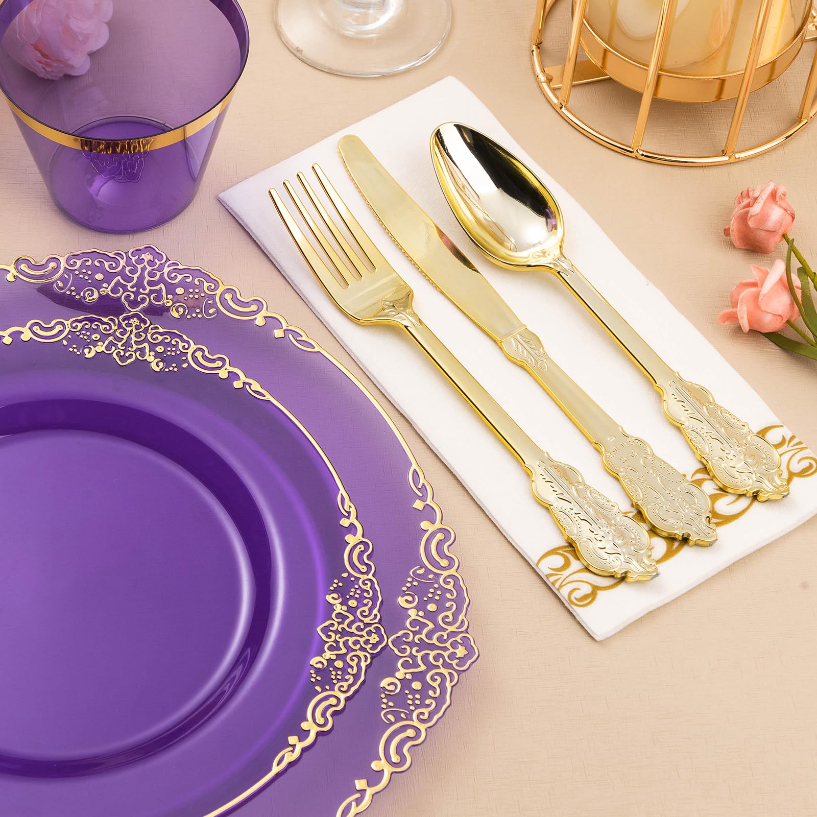Bestluck 175Pcs Clear Purple Plastic Plates For 25 Guests, Disposable Plates With Gold Trim Include 25 Dinner Plates, 25 Dessert