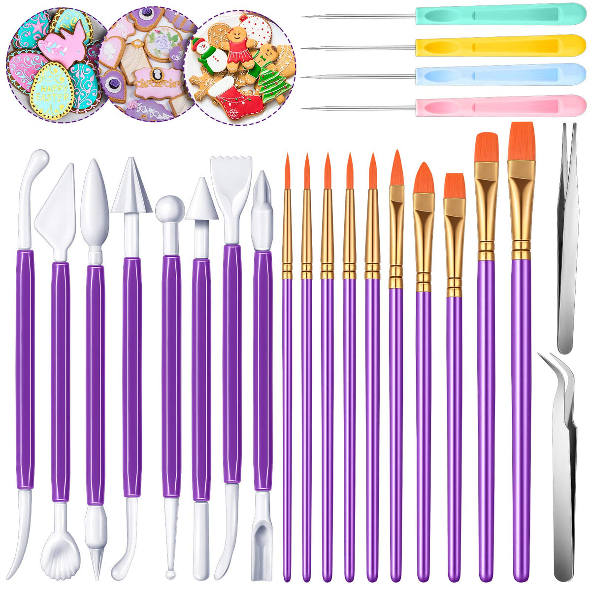 24 Pieces Cookie Decorating Tool Set Fondant Cake Decorating Tool Set Include Decoration Brushes Sugar Stir Needle Fondant Model