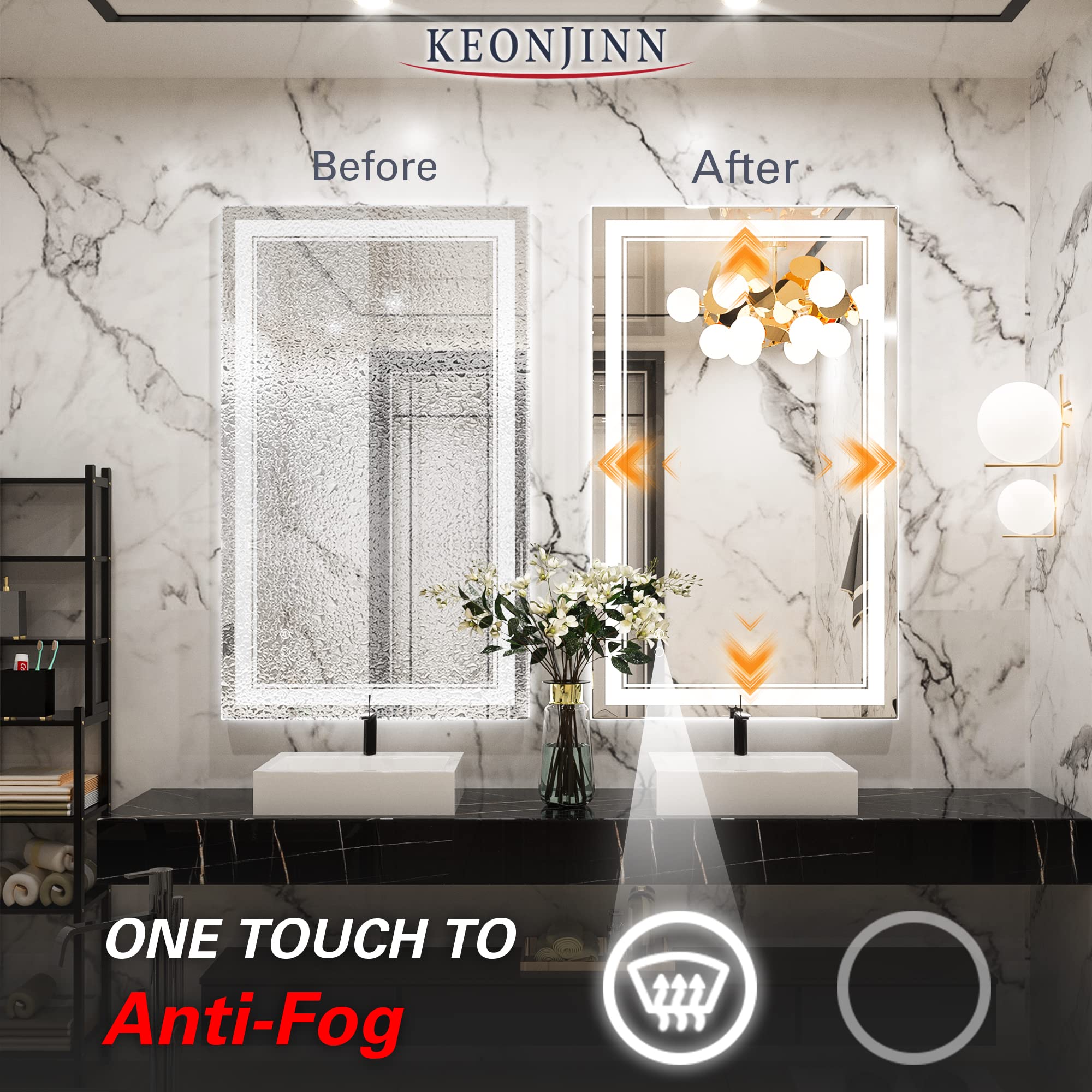 Keonjinn Led Bathroom Mirror With Lights, 40 X 24 Inch Front Lighted Vanity Mirror, Wall Mounted Anti-Fog Memory Brightness Dimm